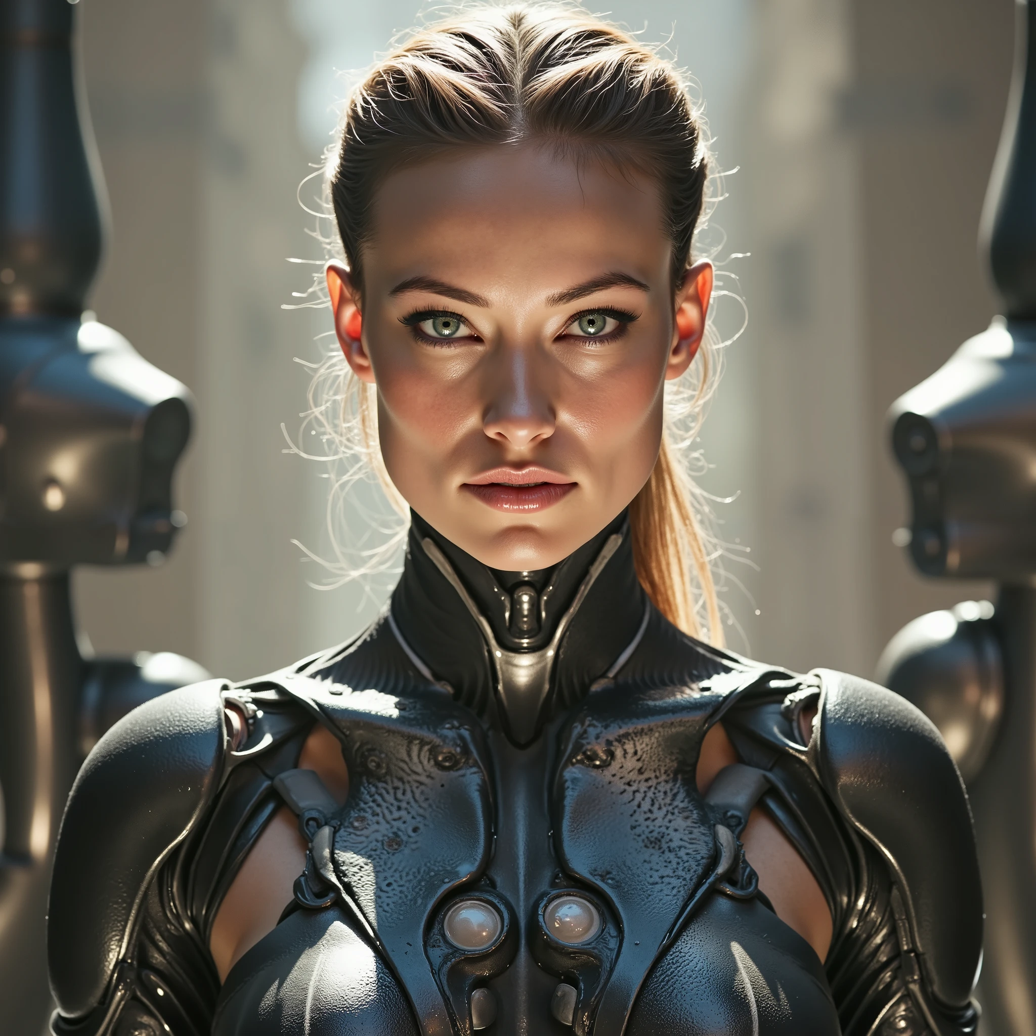 A cyborg woman with pulled back hair, in the center of a futuristic background, bathed in soft, even light. Her proportional and detailed face, with piercing eyes, gazes directly at the viewer, exuding an air of mastery. The medium body portrait showcases her sexy physique, while the day time lighting accentuates her striking features. The overall effect is a true masterpiece, boasting best quality visuals that draw the viewer in.