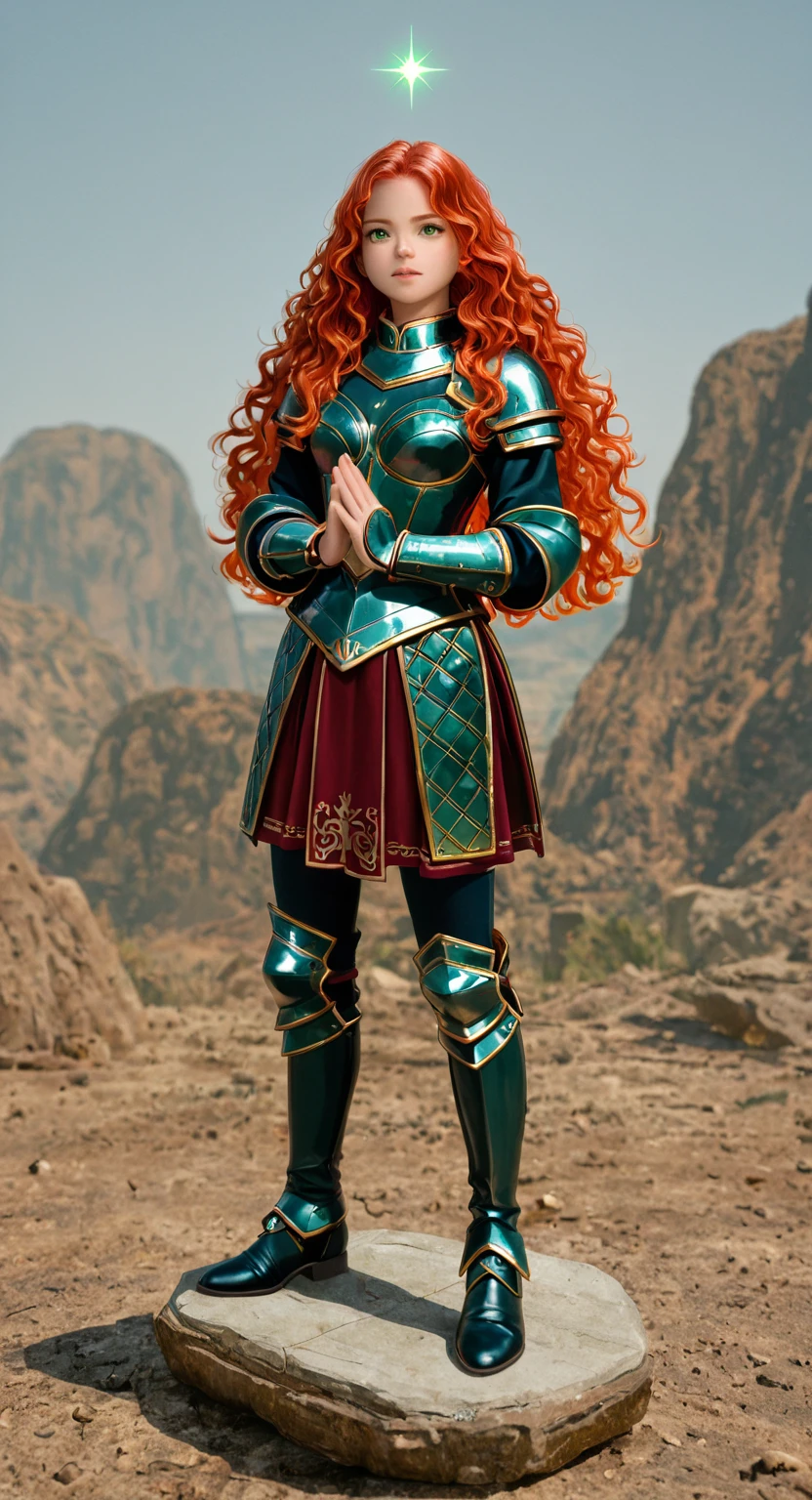 A brave medieval princess, beautiful in her red curly hair, rounded face, Toned body, tanned skin, toned fit armor, beautiful smile, beautiful big eyes, flushed cheeks, redhead, hair in the wind, amid oak trees, shiny breastplate, holds a long shining sword towards the sky, sparkling light, detailed gold and silver scratches on his armor, green leaves of trees, strong lighting, HDR, 4K, high contrast colors