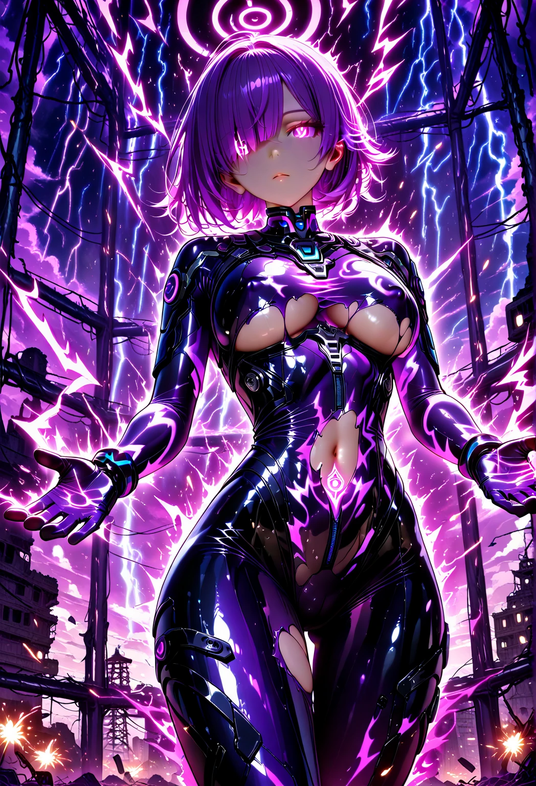 1girl,solo,super detailed skin,shiny skin,wet oily skin,natural face ,eyelashes,glowing purple eyes,pale purple hair ,short hair,swept bangs,large breasts,(ninja clothes:1.1),asymmetry bodysuit,fishnet,high-leg,arms up,lightning ,standing,simple background ,masterpiece,best quality,ultra detailed,high resolution,sharp focus,depth of field