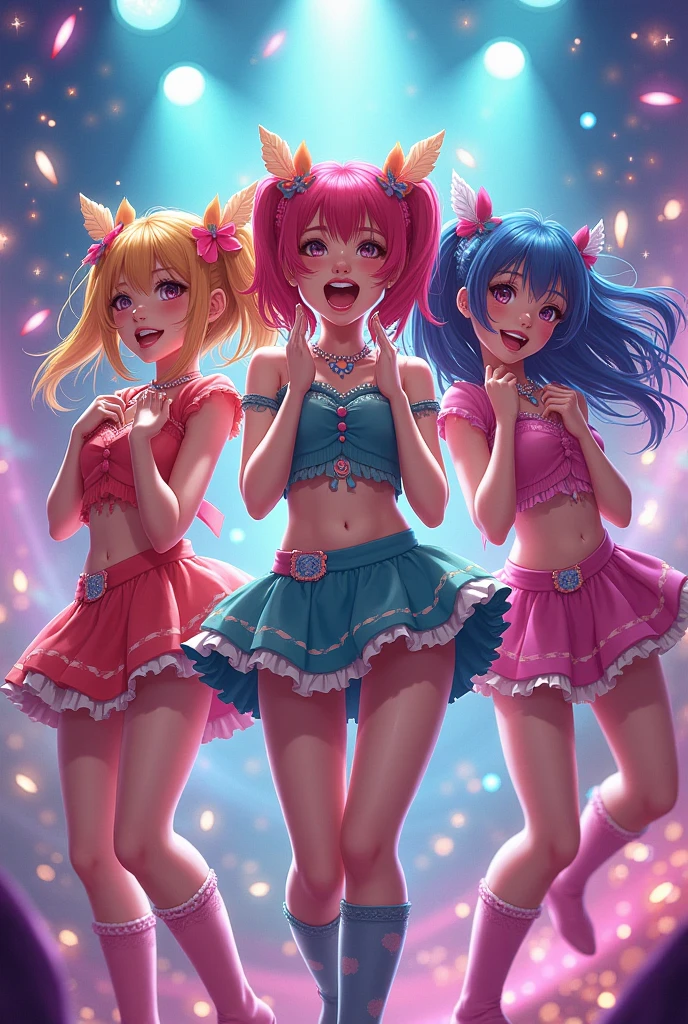 Create a digital art piece of a K-POP girl group called 'Luminous Dream.' The group consists of five members, each with distinct personalities and styles. They are dressed in colorful, glamorous outfits that reflect modern trends, posing energetically as if performing on stage. The background features a vibrant concert setting with bright lights and a cheering audience, capturing the excitement and positivity of their music.