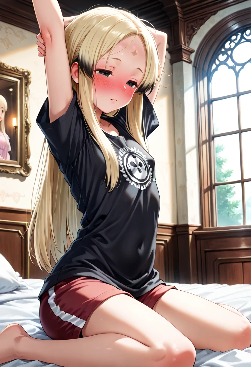 Face of a woman, americana, Age 25, pale skin and freckles, grey-eyed, delicate nose, soft and delicate lips, Long Wavy Gray Blonde Hair, Sweet smile, loose and full hair, como cheerleader cores cinza e preto, black leather skirt with brown belt, , gold necklace and bracelets, radiant day, lying on a soft bed, provocative look
