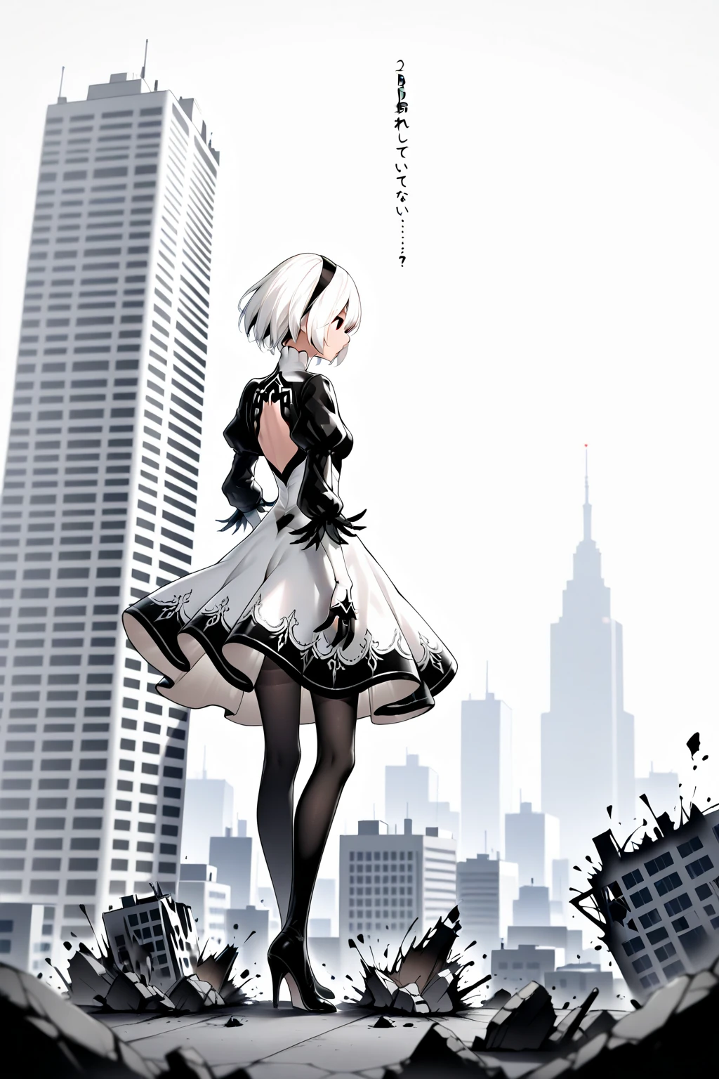 (masutepiece, Best Quality, Detailed:1.4), 1girl in, 2b nier automata, Yorha No.2 Type B, Solo, bob cuts, White hair, Parted lips, Lips, breasts, medium breasts, Long sleeves, juliet sleeves, cleavage cutout, black hairband, Parted lips, black thighhighs, Black Gloves, cleavage, turtle neck, Bangs, Feather trim, feather-trimmed sleeves, Black blindfold, Black skirt standing, from behind, Low angle outdoors, Buildings, city, Post-apocalypse, day