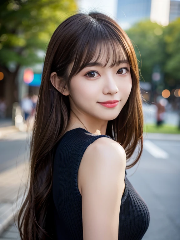 Tabletop, Highest quality, Realistic, In detail, High resolution, 8k wallpaper, Perfect dynamic composition, Beautiful details, Medium Straight Hair, Random sexy poses,Random Situation、Light black tight knit shirt、(Beautiful breasts 1.3)、Big smile、Bokeh、nature、Age 25、(Droopy Eyes 1.3)、Adult Beauty、Japanese