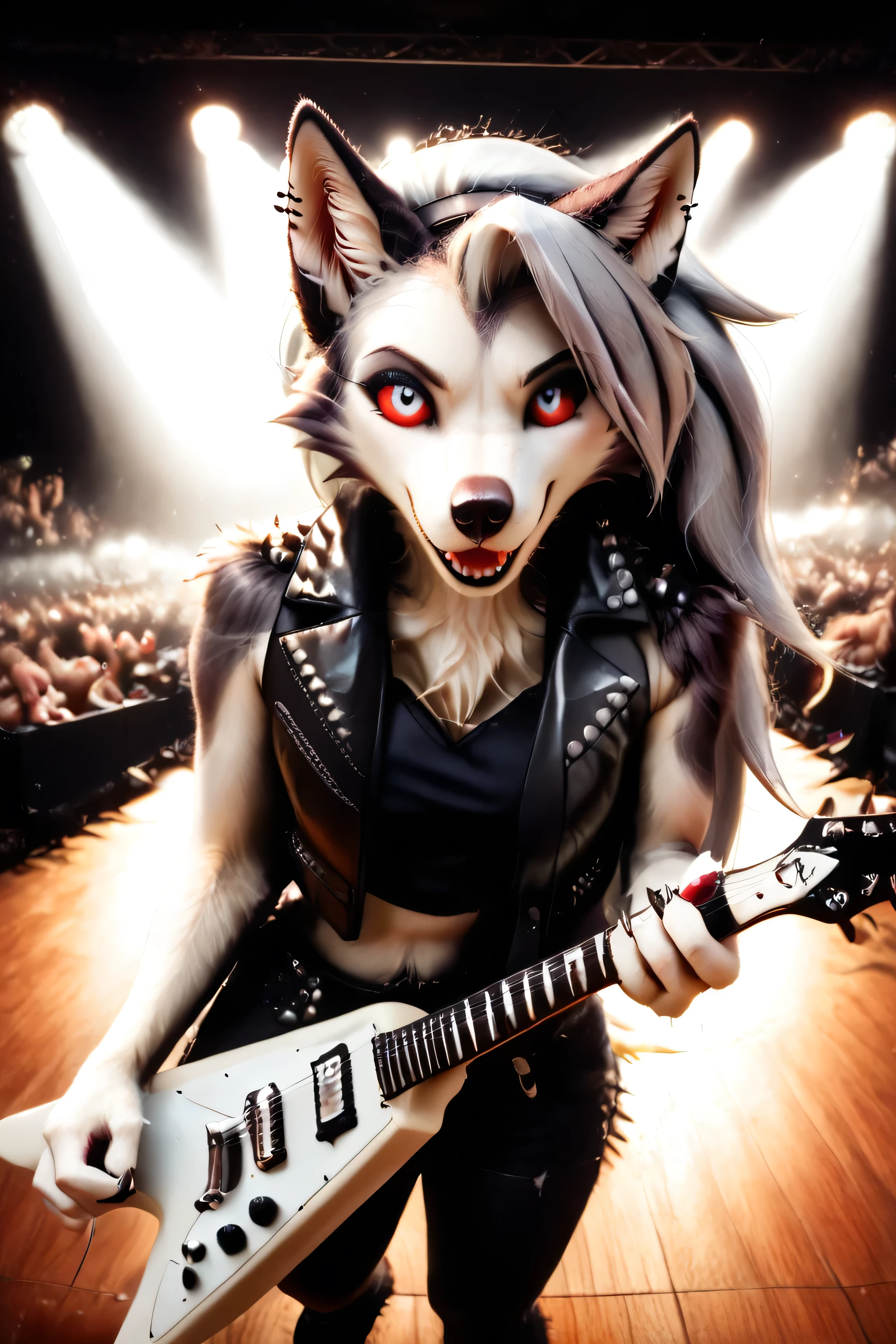 Loona, furry, fluffy tail, solo, (Rock band guitarist), tank top, (leather jacket), smile(look at the audience:1.3), (electric guitar), flying-v, live show venue, lighting, spotlight, from above, ultrahigh details, ultra-realistic photo, two-tone fur, gray fur, anthro, wolf girl, animal nose, wolf tail, red sclera, white iris, canine teeth, bangs, absurd res, detailed skin, detailed hair, extremely detailed, sharp focus, sharp details, 8k, stage, stage lights, concert, playing electric guitar, st4g3, crowd, 