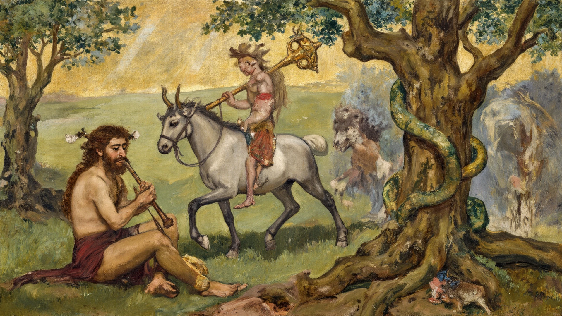 a painting of Cernunnos pan GOD GREEK faun playing the flute in a field of tall grass, Eugene Gramado, Direction: Eugène Grasset, fauns, satyr, myth, colorful illustration, por Willard Mullin, Direction: Paul Ranson, Harp playing in the magical forest, artistic representation, Direction: Walter Crane, Direction: Henry Justice Ford, por Heinrich Bichler