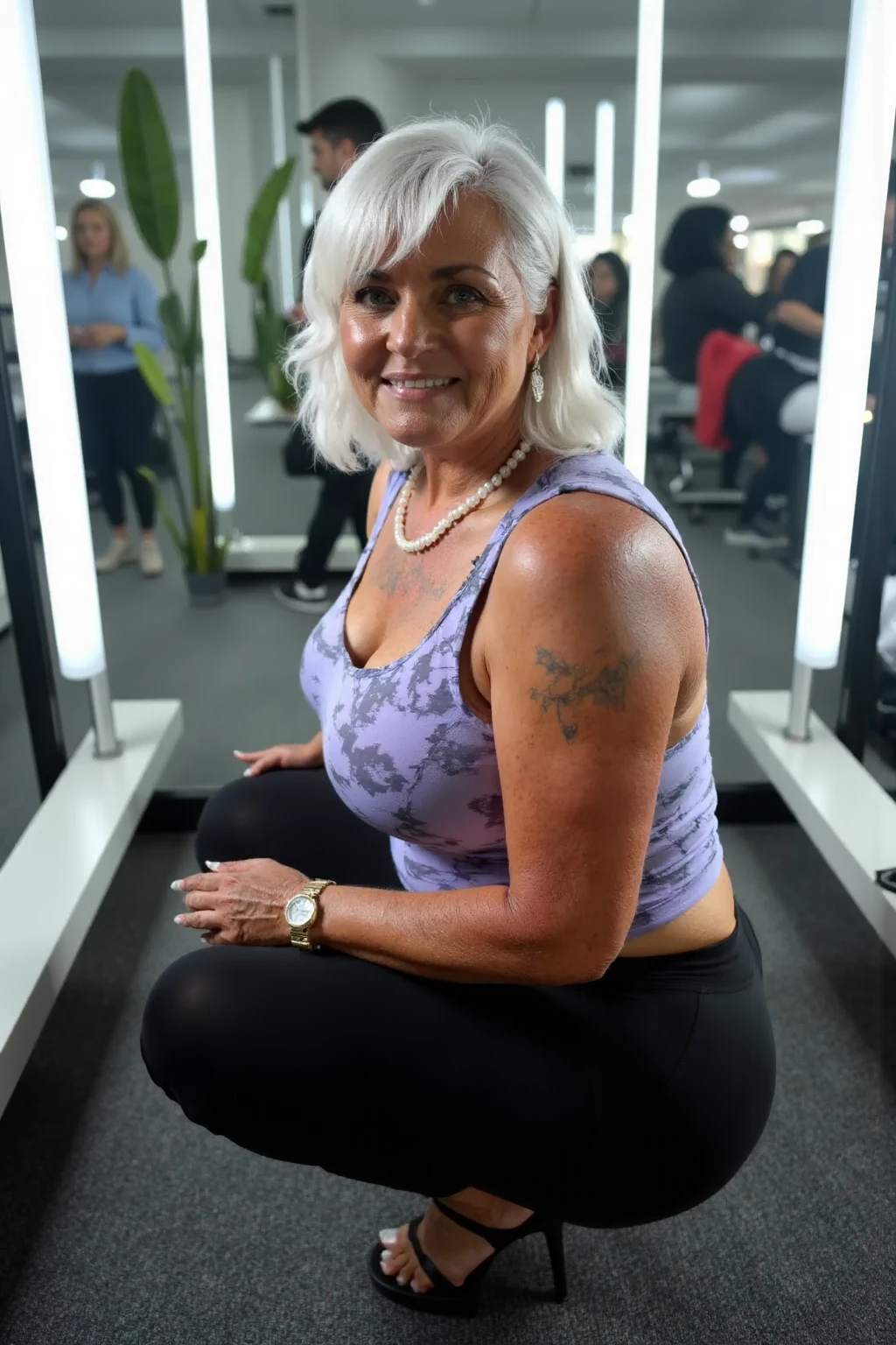 Androeda, solo, realistic, black girl, ((85-year-old girl)), ((mature)), ((old woman)), ((wrinkled woman)), african american old woman, old black woman, dark-skinned, (((upper body only))), ((at the gymnasium)), ((selfie shot)), smiling, wearing attractive tops, white hair
