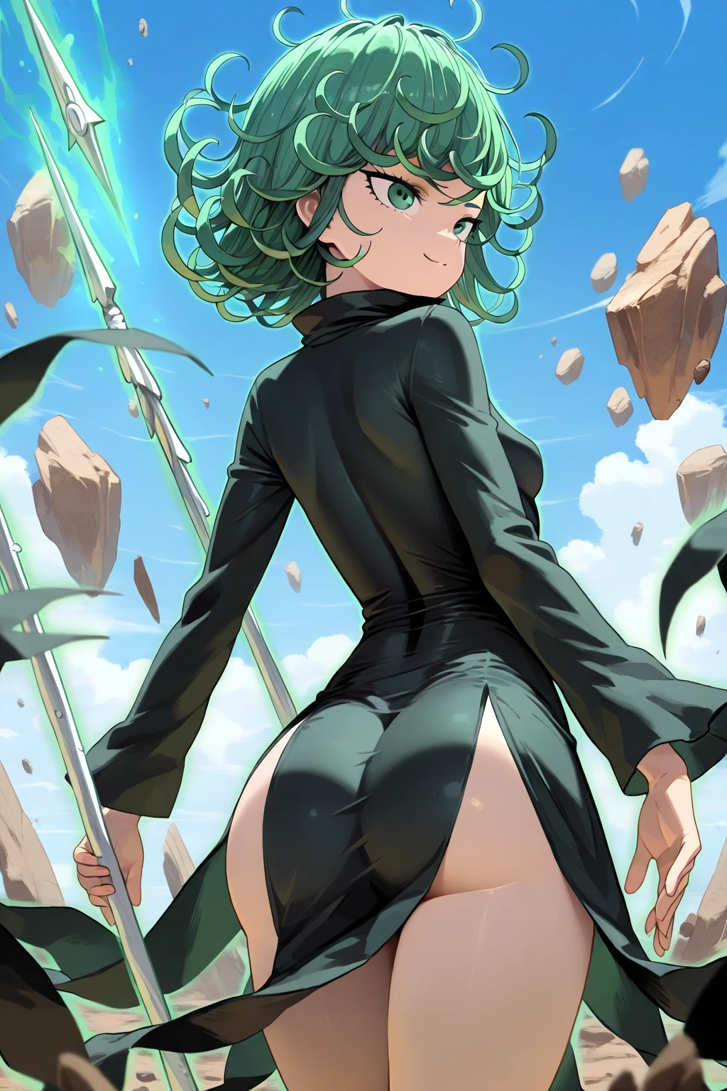 (masterpiece, best quality:1.2), solo, 1girl, tatsumaki, lustful, closed mouth, looking at the viewer, ass, wide hips, black dress, blue sky, clouds, erotica, front,