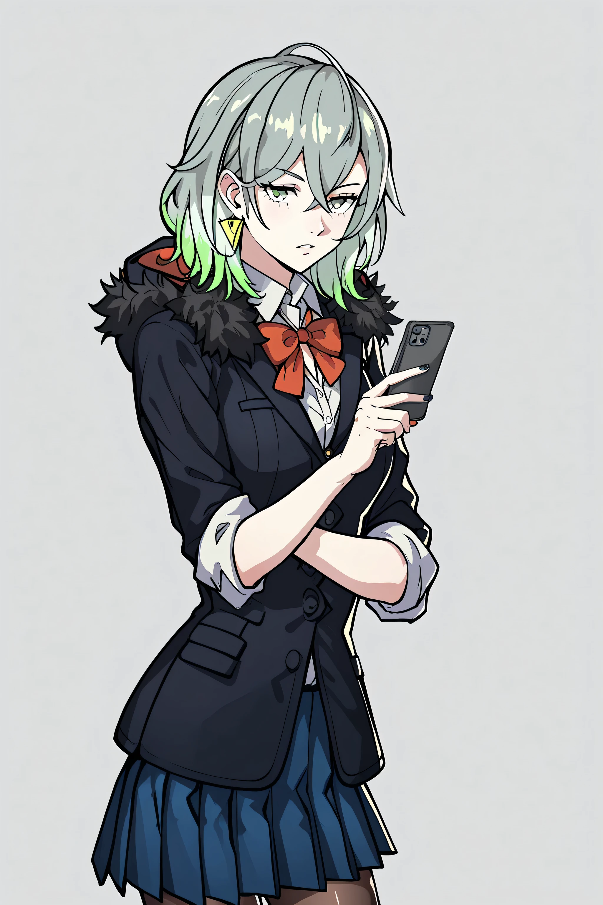 simple background, portrait, p5ann-winuni, blazer, black blazer, school emblem, layered clothes, jacket, open jacket, hood, pantyhose, black pantyhose, medium skirt, blue skirt, hoodie, hood, hood down, shuujin academy school uniform, sleeves rolled up, diabellstar the black witch, no bad hand, solo, no fur trim, cellphone camer