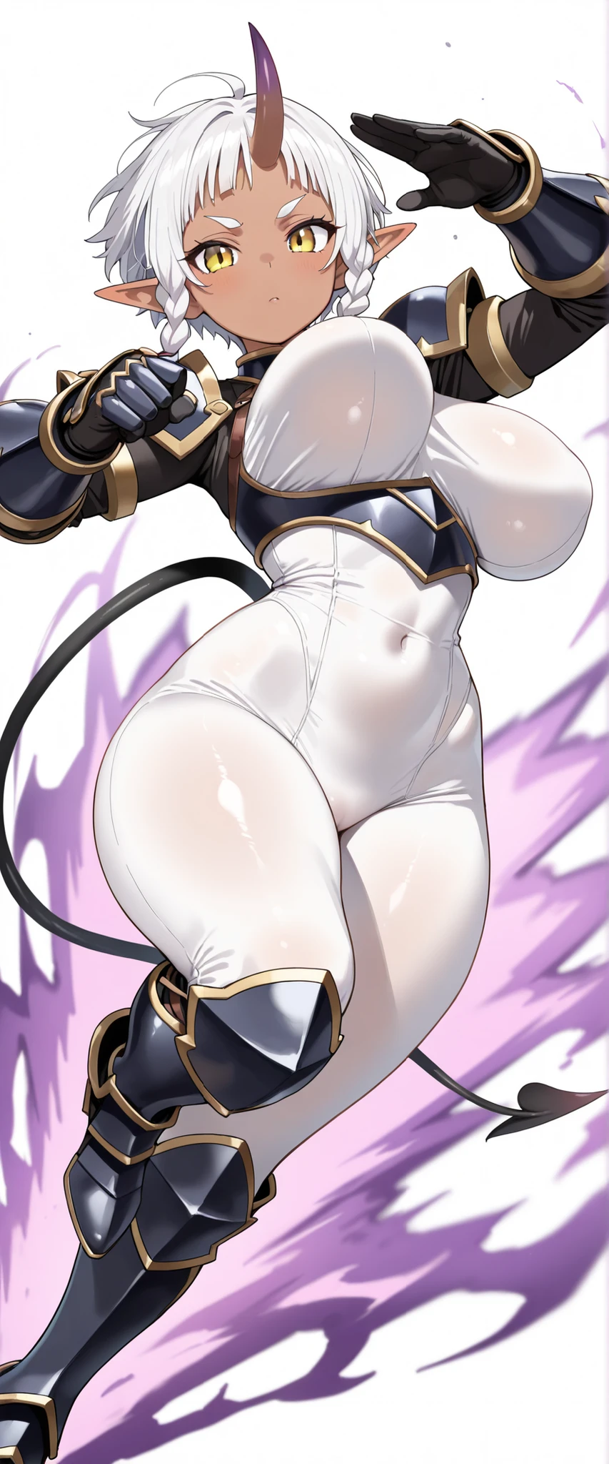 score_9, score_8_up, score_7_up, score_6_up, yor briar, black hair, sidelock, white hairband, red eyes, BREAK (masterpiece:1.2), best quality, high resolution, (detailed eyes:1.3), perfect lighting, (perfect hands, perfect anatomy), hearts, pleasured, large breasts, sagging breast, 1girl, breasts, tentacles, bodysuit, solo, covered navel, open mouth, looking at viewer, covered nipples, tongue, skin tight, yellow eyes, cameltoe, blush, split, standing on one leg, tongue out, leg up, standing, ass, standing split, leg lift