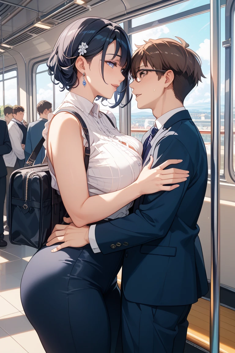 score_9, score_8_up, score_7_up, score_6_up, BREAK NSFW_SenpaiSan_DoukiChan_ownwiafu, mature female, mature, Adult, brown eyes, brown hair, collarbone, medium breasts, short hair, earrings, jewelry, bare shoulders, forehead, hoop earrings, purple turtleneck Knit, black tights, 1girl 1boy, age difference, slut, naughty face, seductive smile, aroused, in heat, blush, sweat, pat your crotch, ticking pants, school bag, nsfw, Villains, looking boy, view from side, full body, crowded subway, navigating, urban environment, masterpiece,