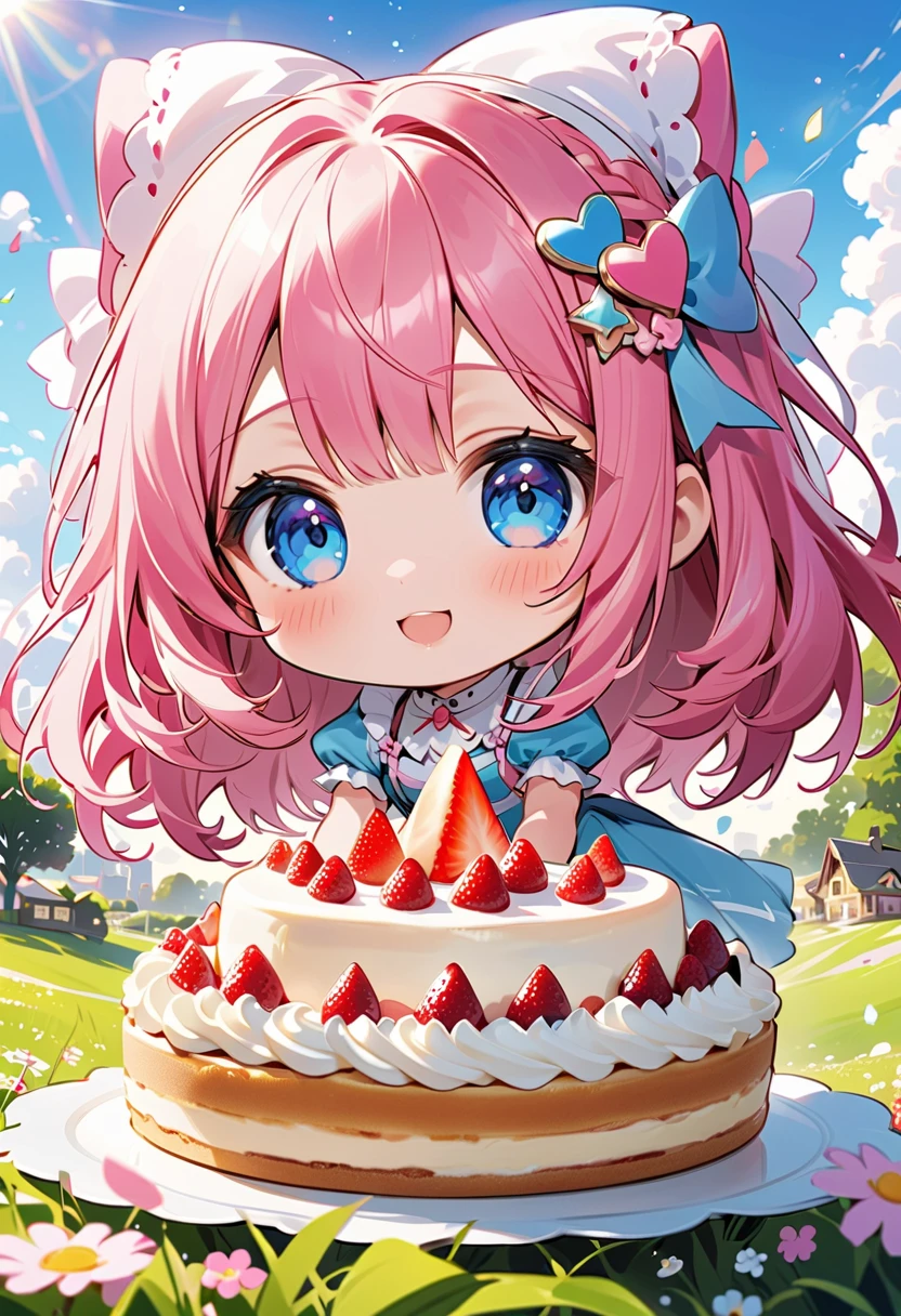 Highest quality、High resolution、Detailed Background、Beautiful face in every detail、Anatomically correct、Detailed facial expressions、fine grain、((full body, from below, looking away:1.2)), break ((One Girl:1.5)、((Chibi Girl:1.5)))、Bright pretty hair color、Big beautiful blue eyes、Fuller lips、Pink Lips、Braided twintails、Ahoge、break ((Eating cake:1.5))、(Cute satin sleeveless dress、Cute High Heels、Cute hair accessories)、break ((She has a very happy expression:1.5、Big smile))、break ((The background is a huge cake、Many kinds of cakes、Birthday Party、Frog))