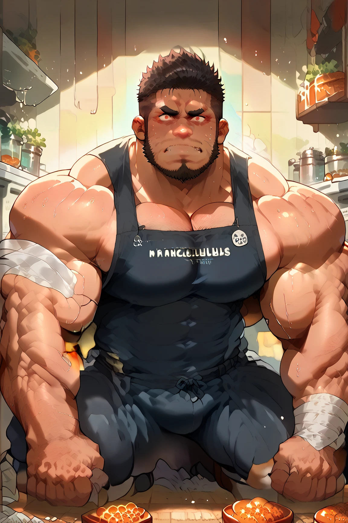 traditional market, side view, extremely huge muscular, massive muscular, full-body, well-muscled old man, sitting on box, shirts. ((huge muscle size, thick arms, huge pec , huge arms)). and add details to make it attractive and interesting. Add textures and details to make the image more realistic. Make sure the resulting image is high resolution, 8K quality."
