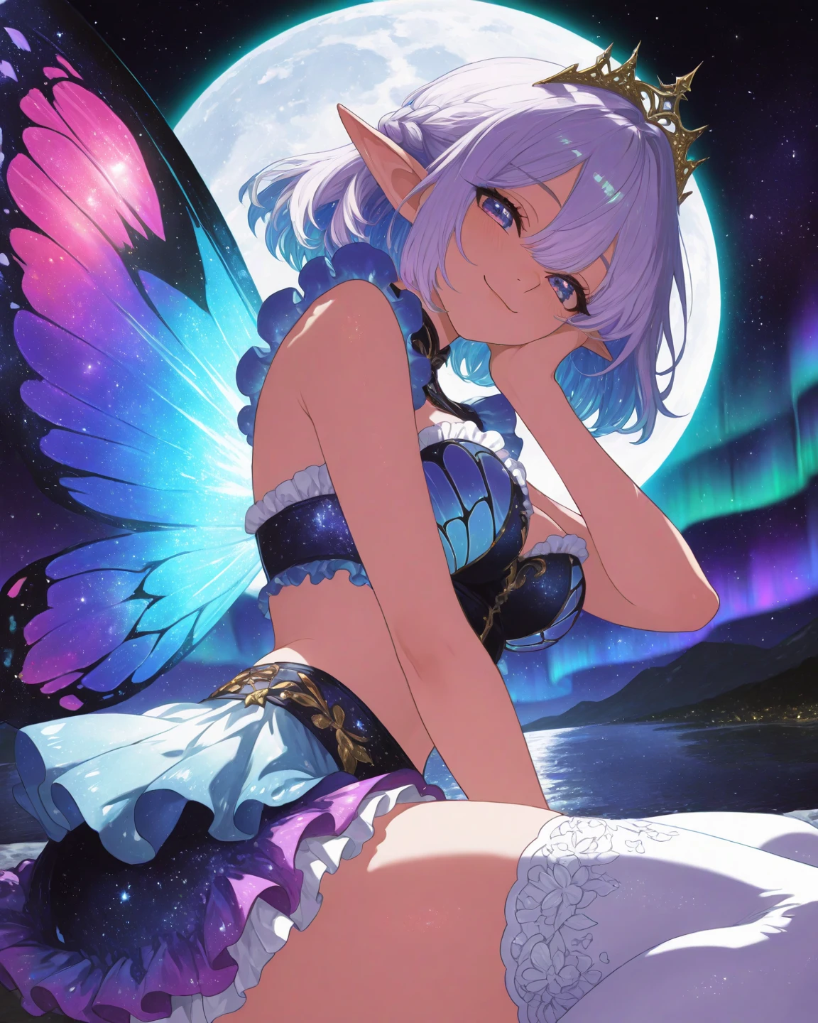 1girl, solo, fairy, sitting, flower, large flower, angle view, from above, looking at viewer, lavender, blonde hair, white hair, purple reflections, detailed outfit, butterfly wings, sharp wings, lush wings transparent wings, water, scenery, (light palitre)