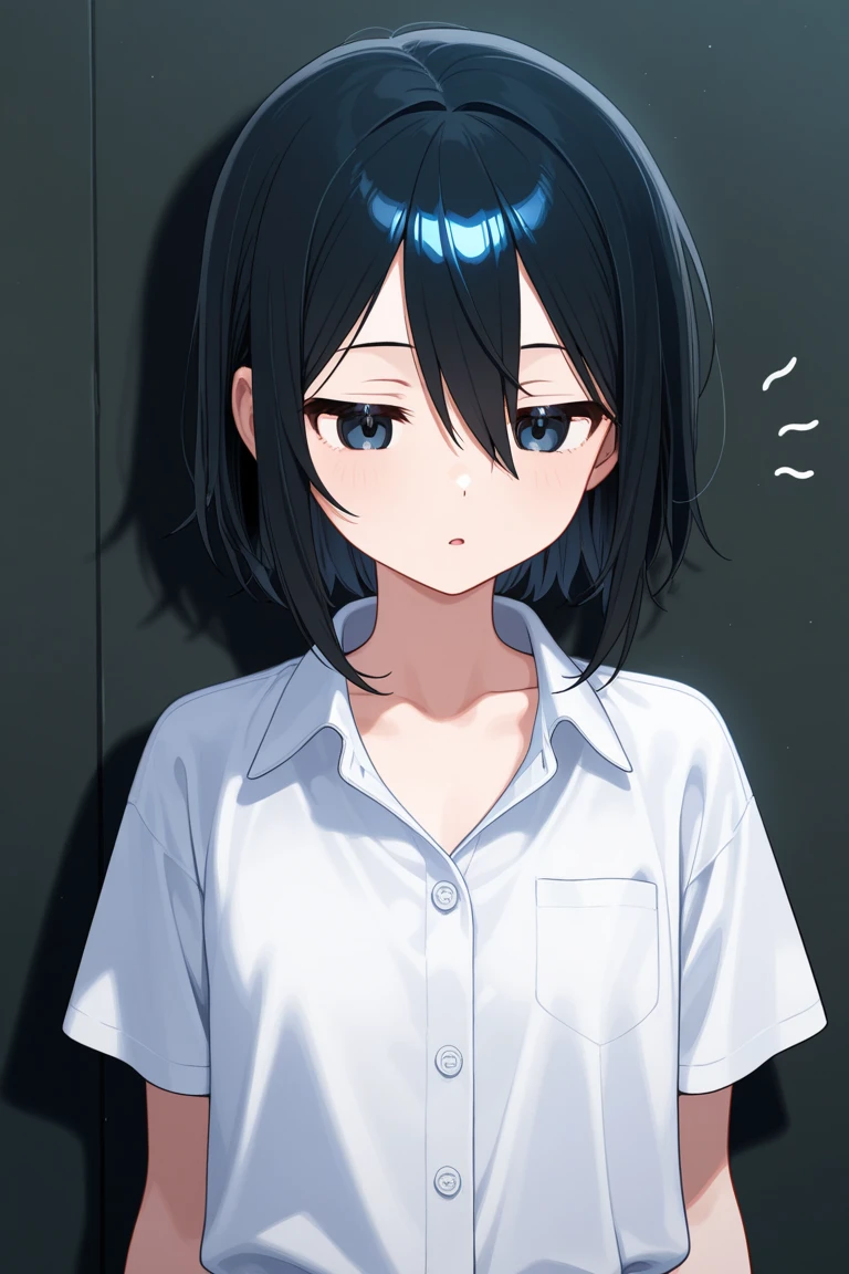 (8K Ultra High-Quality) (Masterpieces) (Image) (人物: Rimuru) 1 Girl 17years old, Short Black hair, Orange eyes colors, wearing Blue T-shirt, wearing Jean, background in School at gym, nervous looking at viewer.