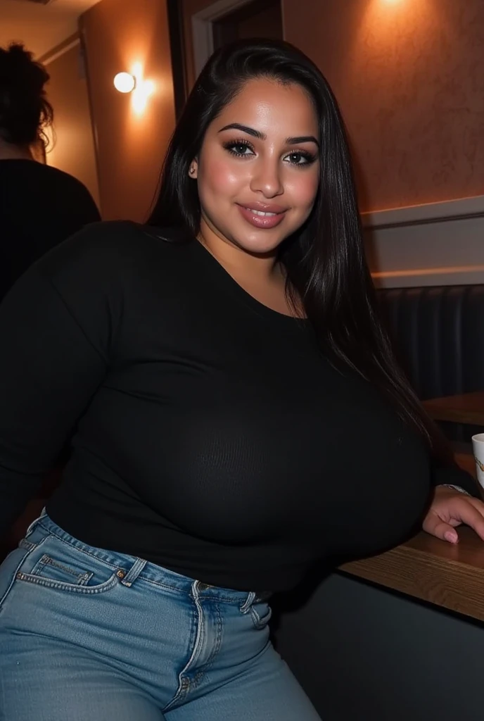 Beautiful busty black girl with enormous huge breasts, tits nude fully covered in semen, wearing short jeans