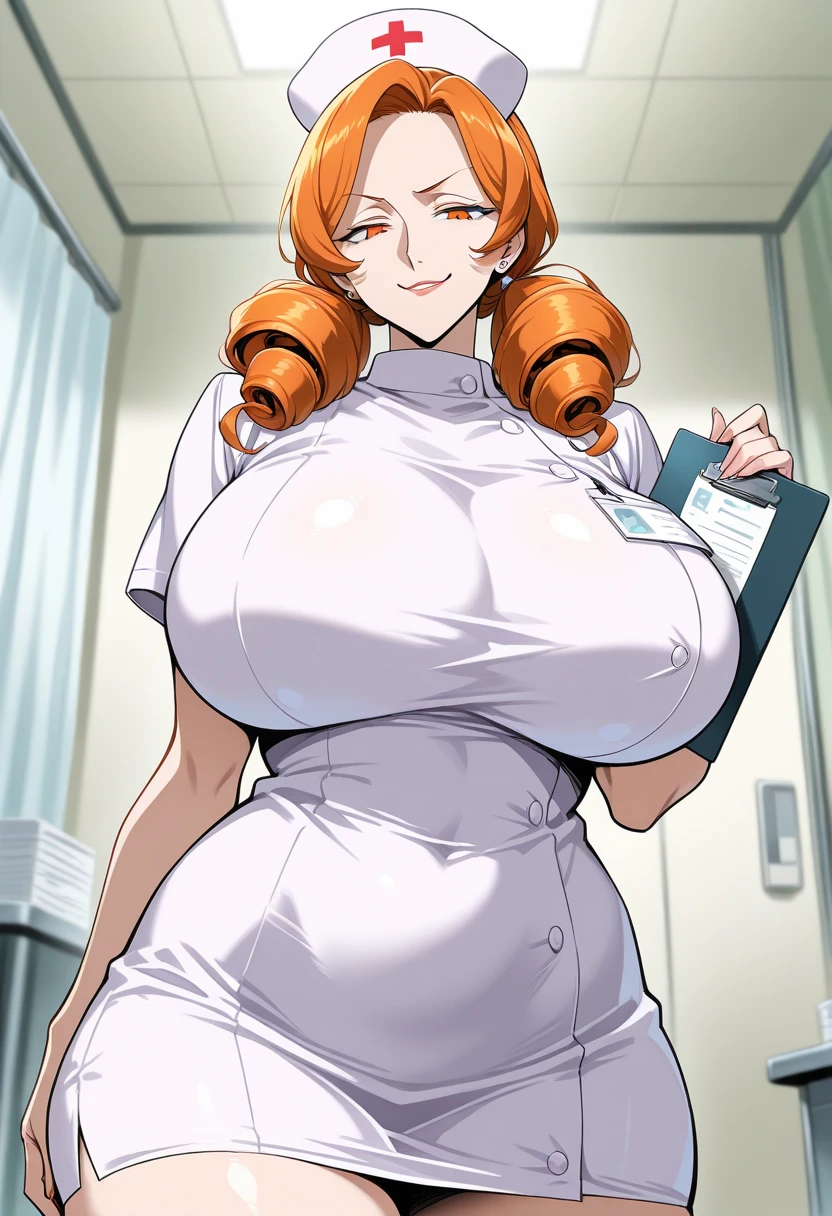 NSFW maddie fenton, pixiv artwork, masterpiece, beautiful lighting dominating, lab coat and white dress shirt with pencil skirt and brown stockings, curvy milf physique and a mature milf body, a body made for sex, intimate encounter, pov, orange hair in a bob, standing tall towering above the viewer, looking down on you, angle from below, upskirt angle, dominant pose, very sexy and seductive position, view from the front,
