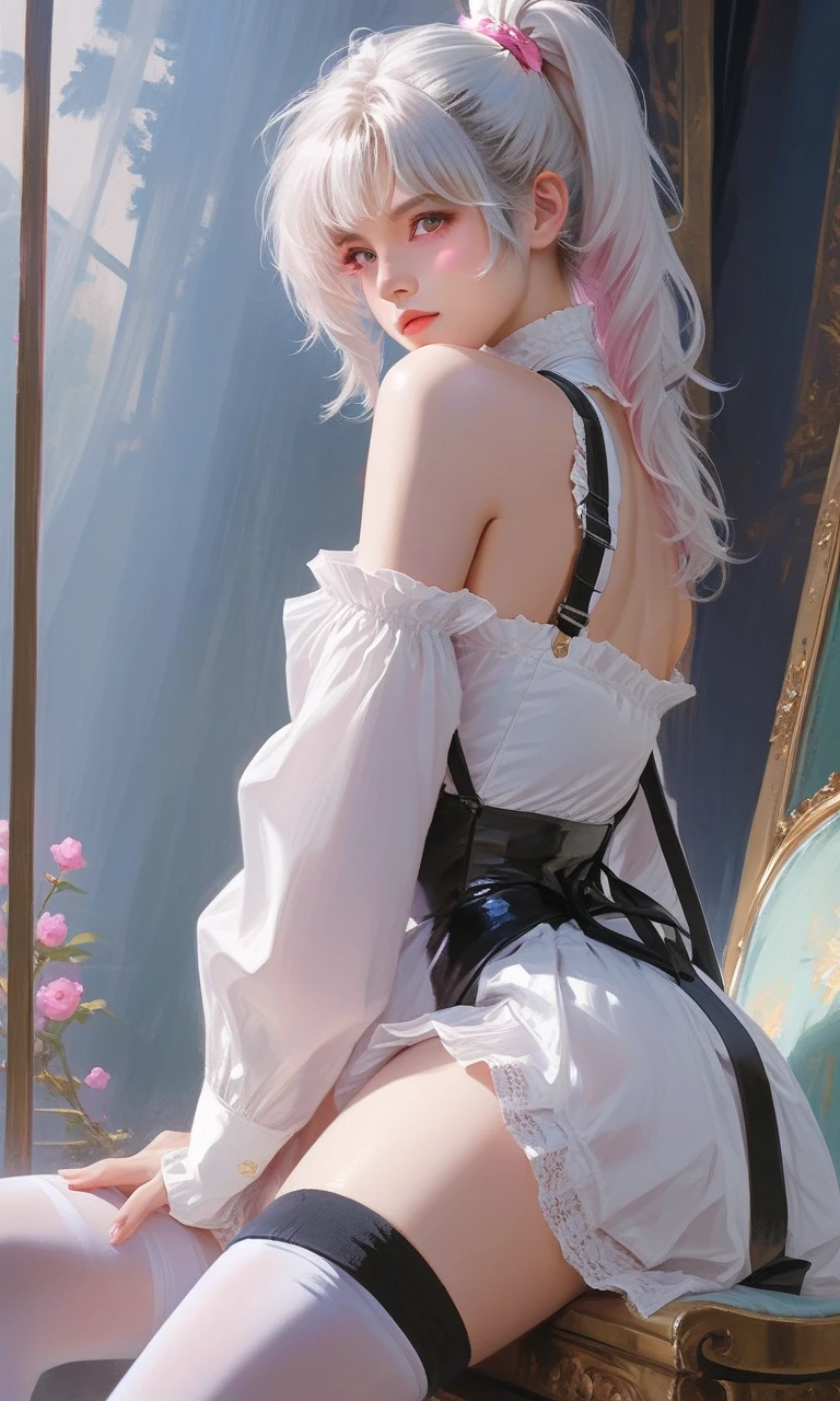 ((best qualtiy)), ((tmasterpiece)), (detail:1.4), Beautiful cyberpunk female images,hdr(HighDynamicRange),Ray traching,NVIDIA RTX,Hyper-Resolution,illusory 5,sub surface scattering,PBR textures,post-proces,Anisotropy Filtering,depth of fields,maximum definition and sharpness,Many-Layer Textures,Albedo e mapas Speculares,Surface coloring,Mitsu-Accurate simulation of material interactions,perfectly proportioned,rendering by octane,Two-colored light,largeaperture,Low ISO,White balance,Rule three points、8K raw data、Beautiful bright blue pupils,off-the-shoulder clothes,Fine pupils,Delicate face and eyes,long eyelasher,Blushlush,Delicate and fluffy hair,pink lip,Pure,Cute face,Sweet girl,Artistic sense,Casual wear,Advancedsense,butterflys,Cherry blossom petal,Beautiful hair accessories,Long hair and waist,Hair fluttering in the wind,Snow-white fox ears,curlies,Snow-white fluffy tail,Positive light,The light from the back window is backlighted