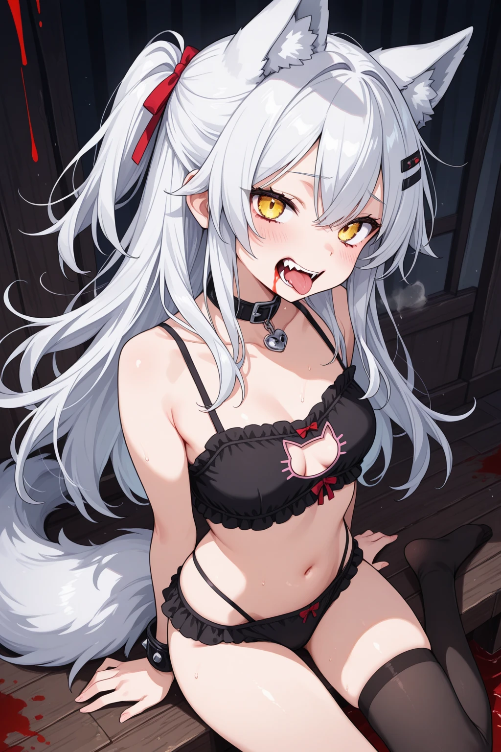 neferpitou, neferpitou, short hair, (red eyes:1.5), long sleeves, animal ears, tail, white hair, shorts, cat ears, cat tail, curly hair, (small breast:1.2), BREAK looking at viewer, BREAK outside, BREAK (masterpiece:1.2), best quality, high resolution, unity 8k wallpaper, (illustration:0.8), (beautiful detailed eyes:1.6), extremely detailed face, perfect lighting, extremely detailed CG, (perfect hands, perfect anatomy),