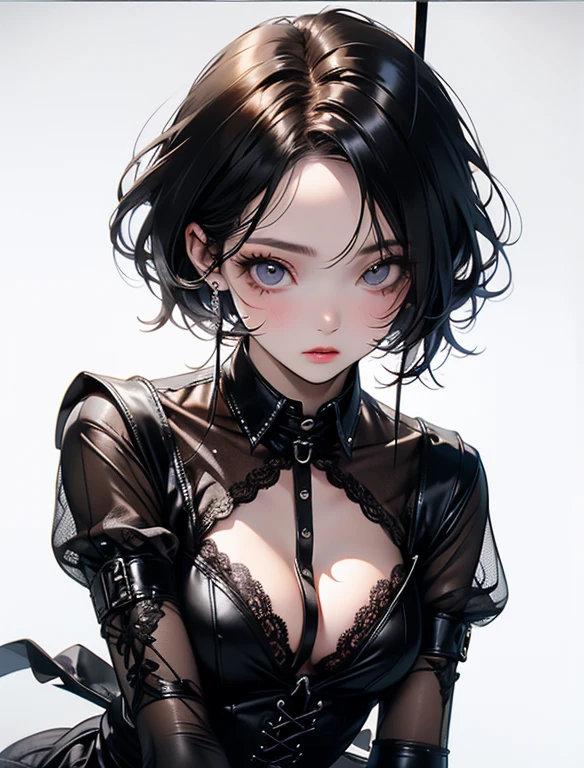 Cute Girl, cowboy shot,(high quality: 1.3), lens, masterpiece, (sharp focus: 1.5), (lifelike: 1.3), medium portrait (A beautiful young vampire woman, pale skin, Gothic, Still proud and fierce, Black short bob straight hair, dark appearance, Wearing a sophisticated dark tunic, dark atmosphere, But shape it in a way that contrasts light and dark), it&#39;night, (highly refined skin), (Detailed face), Detailed background, dark light, twilight lighting, Volumetric lighting, intricate details, ultra high definition,