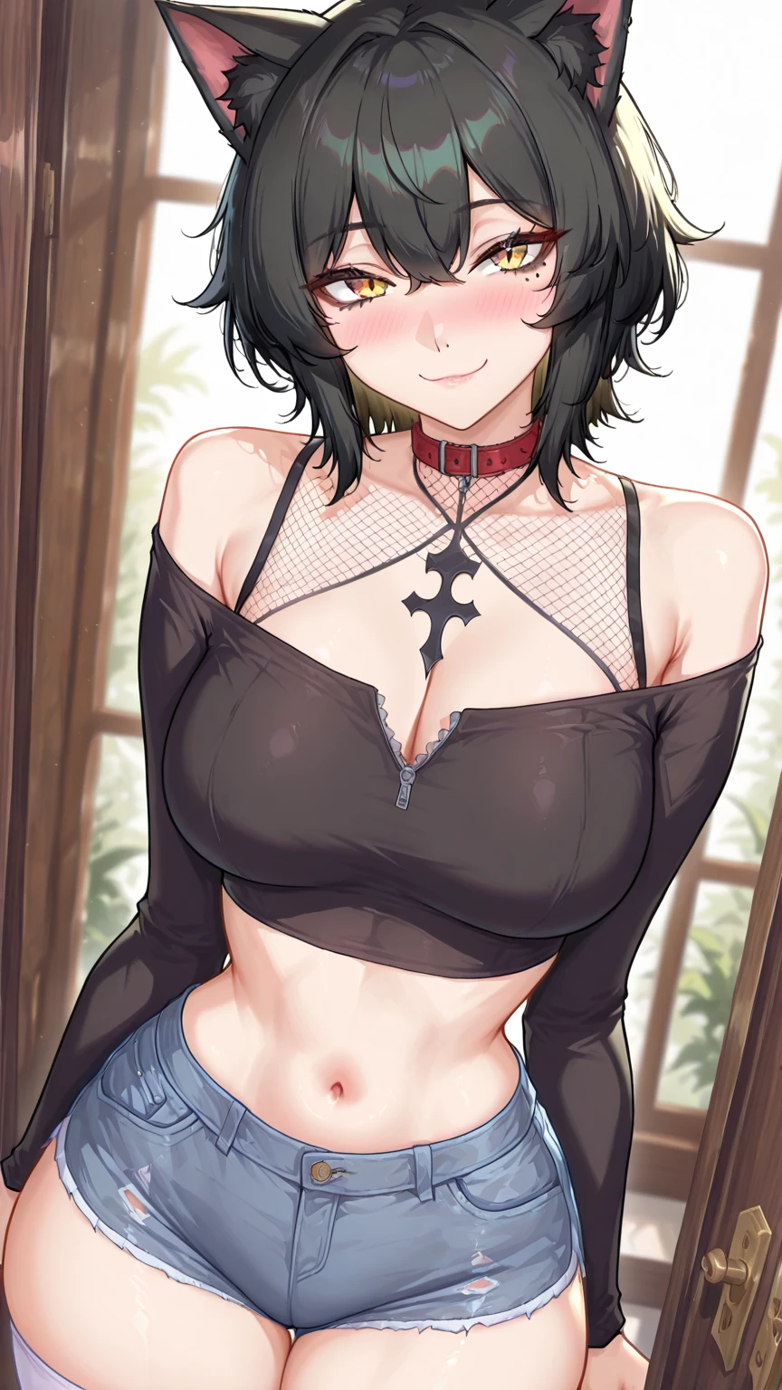 score_9, score_8_up, score_7_up, source_anime, 1 woman, playful hands((), ((playful smile and face)), lize1st, hair ornament, (undersized sleevless shirt) (), ((highlighted chest)) knee high lace-up boots, tall boots, choker necklace, ((goth girl)) very large breasts), (dynamic angle), (dynamic pose), sweat, ((night alleyway)), (( blush)), gothmom, multicolored hair, ((hair over eyes)), ((norman rockwell style:1.4)) ((night time lighting)) ((deep dark shadows)) dark, low key, ()