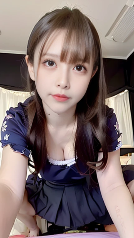 (((Masterpiece,Highest quality,Ultra-high resolution))),(((極めてdetailed,detailed))),((Highest quality,8K,16K,)),Japanese,high school girl,Girls' School,Gal,cute,Beauty,Large Breasts,H Cup,sexy,glamorous,Private high school summer uniform,cardigan,blouse(Wearing clothes next to the skin),mini skirt,loose socks,gymシューズ,gym,lecture hall,((高校の学園祭のミスコンで壇上するhigh school girlが観客と応援している友達に手を振る様子))
