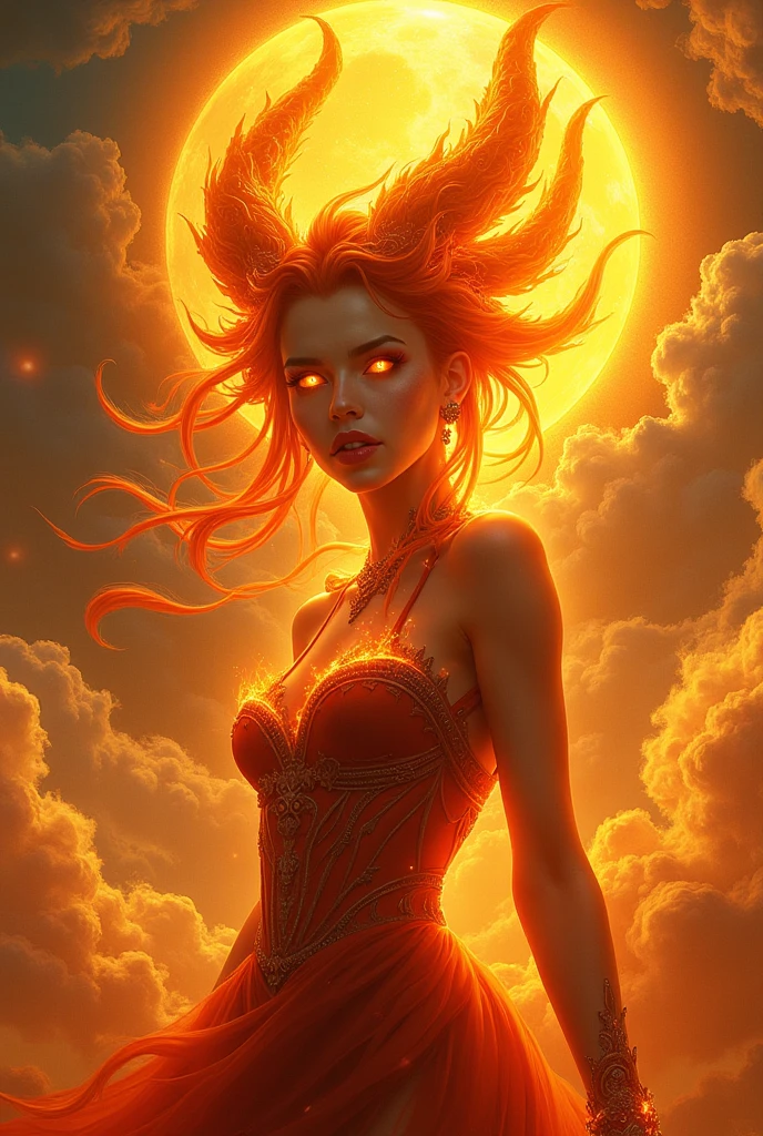 Salshabila,(((8k RAW photo, hyper realistic, masterpiece, best quality, crisp detail, high definition, high detail, very rich detail, sharp focus, sharp detail, colorful, rich color, cinematic, perfect studio lightning, full body photograph, mystic atmosphere))), (((fully naked) young colorful sun goddess, (fully nude), sensual pose, showing pussy and nipples, smooth body, ideal body, naughty smile)), (releasing (solar storm, solar flare energy), (showing (pussy, vagina, genital, nipples))), ((wide solar flare wings, tail)), ((very long sharp claws, solar flare fingers, sun sword)), (burning humans in a destroyed city, burning city, night, solar flare), (( phoenix behind)),