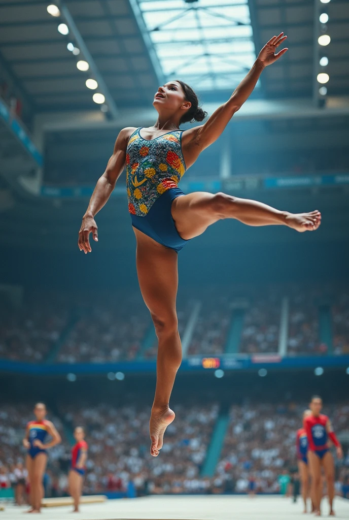 Olympic gymnast, solo, brazilian, Rebeca Andrade, black girl, (black girl:1.5), (brown skin:1.5), (full mouth:1.3), perfect white teeth, perfect mouth, brown round eyes, small beautiful nose, black curly hair, gymnast updo hair, beautiful, perfect face, work of art, best qualityer, (black background), (best qualityer), (realistic photo), (best shade), absurderes, realistic lighting, (abyss), beautiful detailed glowing, worship the flock, tight gymnast clothes, full body, in olympic gymnastics presentation, perfect butt, flat chest, face perfect, holding a gold medal with hands, Paris Olympics 2024, brazilian flag on uniform, silver gymnast small uniform, tight suit, smiling, medium angle, profile view perspective
