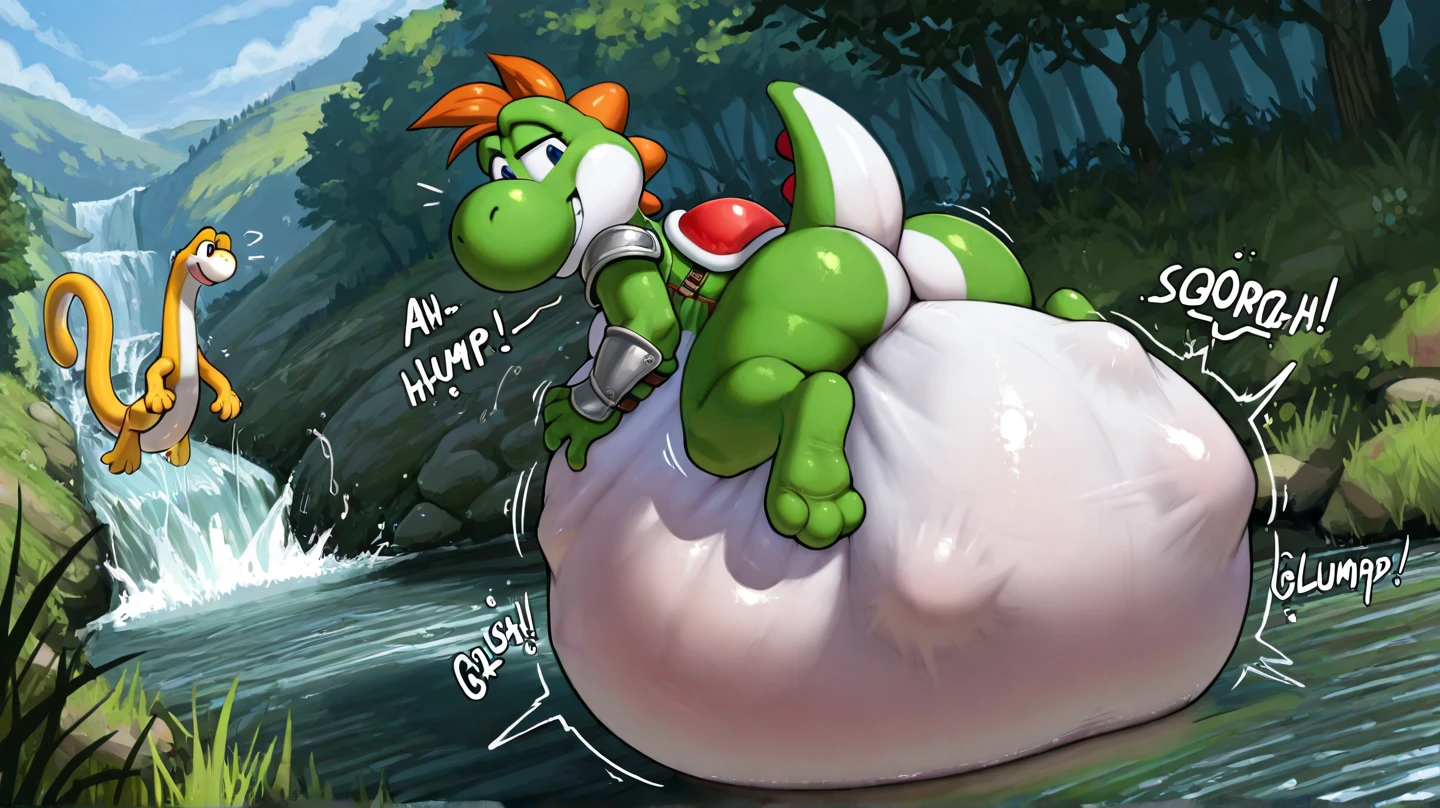 (feral green yoshi), human male, score_9, score_8_up, dream prompt:score_9, beautiful, detailed cute face, blushing, shocked expression, reverse cowgirl position, looking surprised, looking back, crying, grabbing butt, looking down, forest, male/female, after sex, crying, aftersex, huge gaping vagina, leaking, leaking vagina, cum, impregnation, screaming, sobbing, ((closed eyes)), gaping, huge penis, saliva, pov, spread pussy