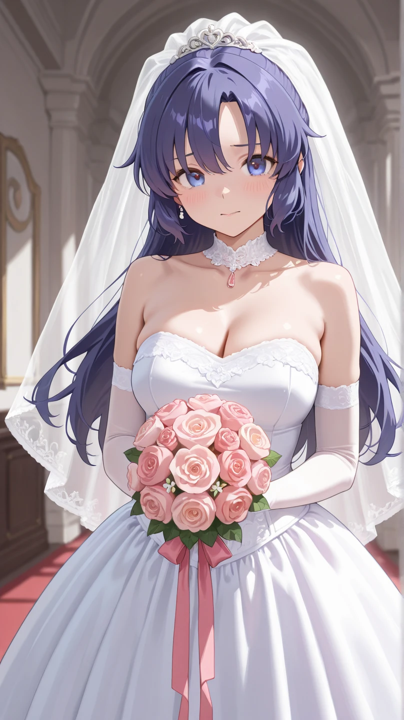 (((Best quality))), ((Ultra-detailed)), ((illustration)), ((Disheveled hair)), ((frilld)), (1 girl), (Solo),Bandeau wedding dress,little breast,