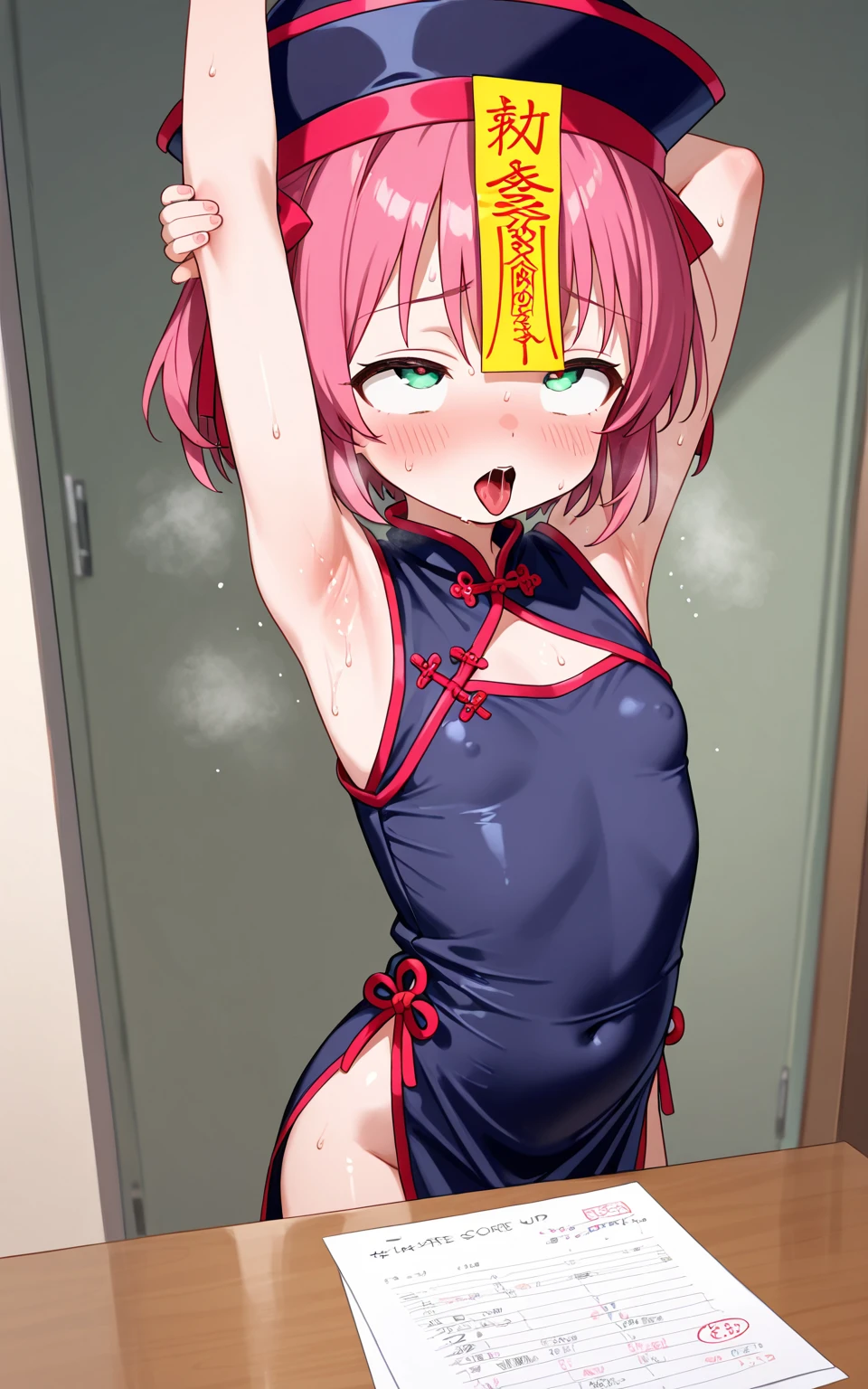 (( 1girl in)), (NSFW)、blush,Pink hair、Parted bangs、Forehead、white forehead protector、green colored eyes、( Red Leotard) ,On stage、flat chest、big butts、((thick thighs))、Sweat、((:D))、Surprised、(Straight hair)、Armpits、Hands behind the head、spreading legs、(White shoulder armor)、Gold decoration、Blue crystal
