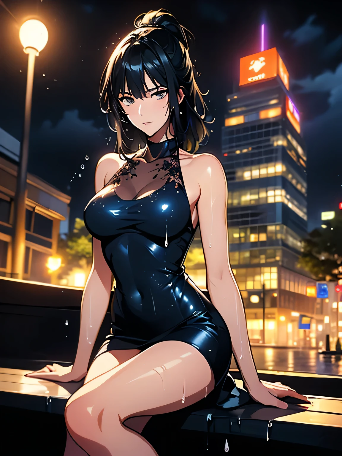  highest quality, Super detailed, (Ultra-high resolution,8K), Ultra-high definition 4K, (Perfect Anatomy, Anatomically correct), (Five Sensual Housewives:1.4), ((Place your hands behind your head., Elegant pose)), (Beautiful Eyes), (Detailed eyes), (High-quality facial beauty), (In the Storm:1.2), (Photorealistic), (Detailed big breasts), Soft Skin, Glowing Skin, (Satin slip nightdress), Bright lighting, Very heavy rain, colorful, Goddess-like beauty, Friendly, (Five Sensual Housewives:1.4)