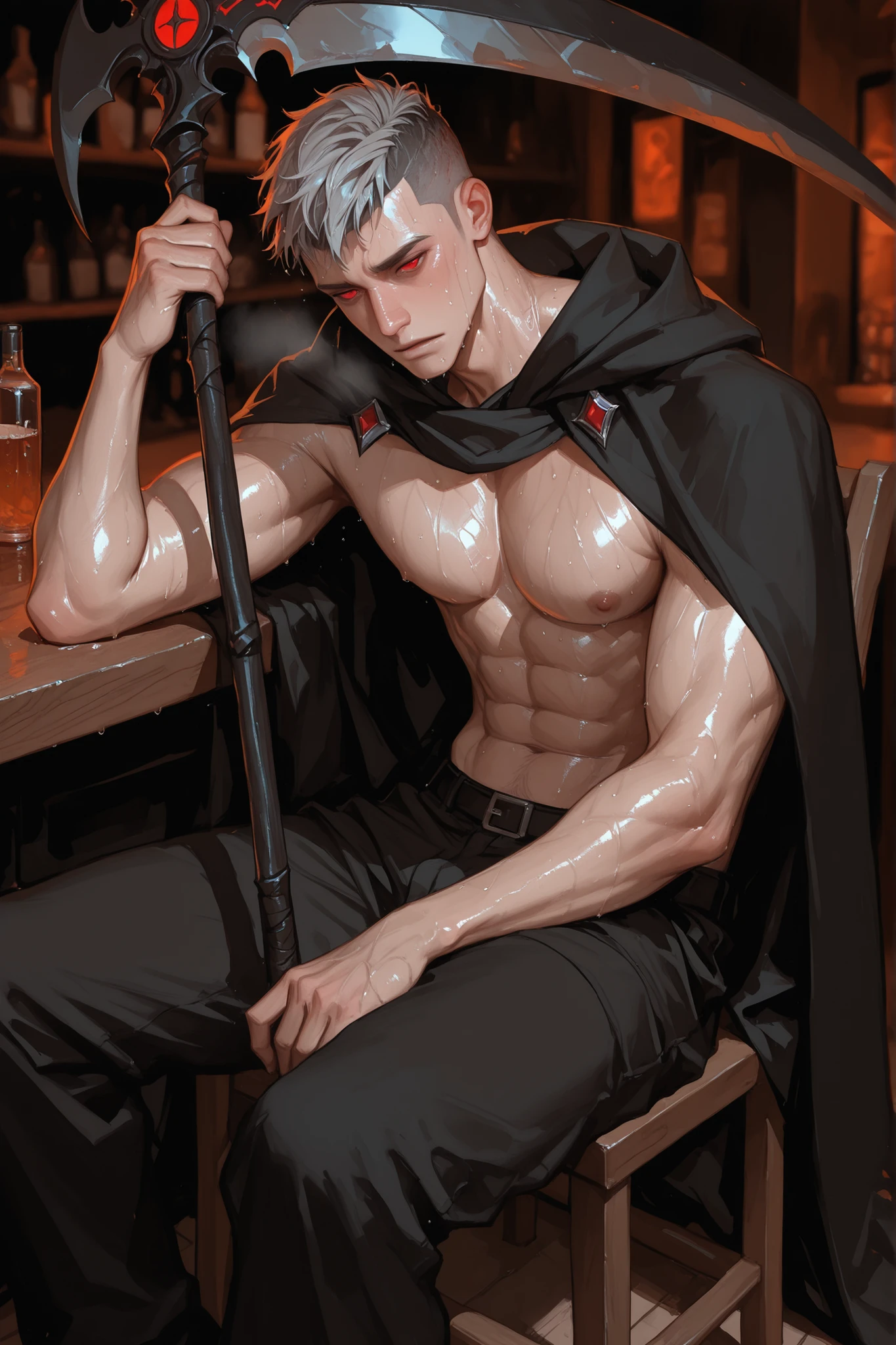 Man, solo Man, light skinned man, red eyes, undercut hair, Gray hair, Wearing a black cape, holding a scythe, shirtless, hot body, flushed, sweaty, horny, horny expression, sitting in an old bar, Man alone, Sitting alone, Sitting on a chair