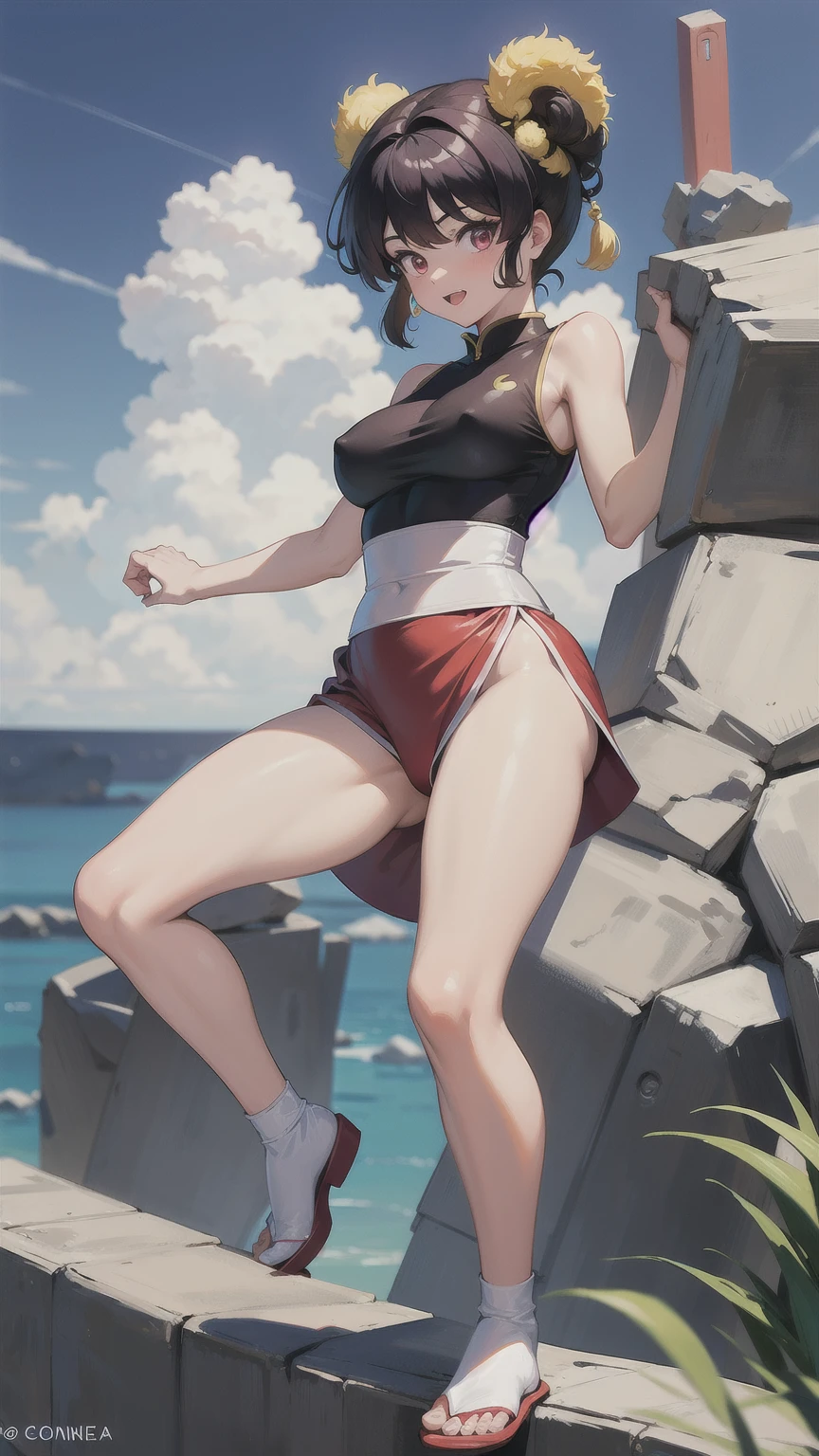 Full body image，Dynasty speech, white emperor colorful clouds，(from below，Perspective drawing，horizon shot)，(perfect face+supermodel+Delicate skin+high ponytail+huge breasts),[[[muscle]]],(((Anatomically correct))) ,((8k+ultra high resolution+ultra high definition+masterpiece+detailed)),
