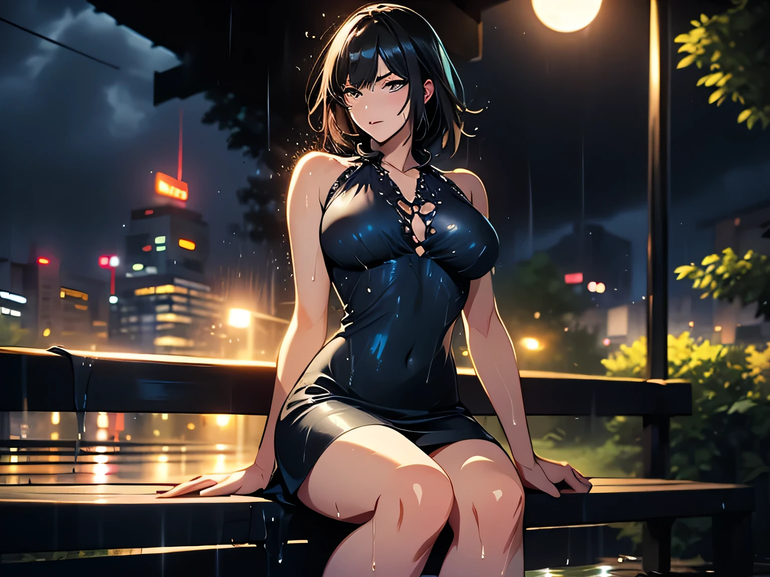 (masterpiece, best quality, super detailed, best shadows), (detailed background,), raining, night, full moon, 1 girl, solo, solo female, 18, Vampire, sitting alone, sitting on a park bench at night, cautht in the rain, wet, drenched, soaked, gothic school uniform, long black hair, black fishnet stockings, glowing red eyes, shy expression, shy, shaking, trembling, shivering, soaking wet, exposed chest, gigantic breasts, thick thighs, open shirt, displaying cleavage,