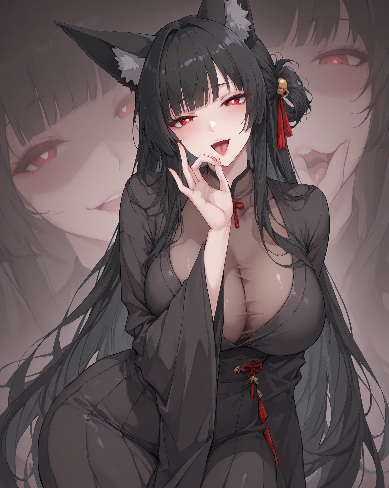 masterpiece, Score_9, Score_8_up, Score_7_up, rear view, 1 woman, alone, black hair with red, long hair, split bangs, dark red eyes, half-closed eyes, parted lips, expressionless, pale skin, large breasts, top of the bodysuit, Shirt with V-neckline din magas, strapless, black background, best quality, horns up, long and open bangs, Sleeveless Shirt, With V-neckline, Castlevania, Smoking