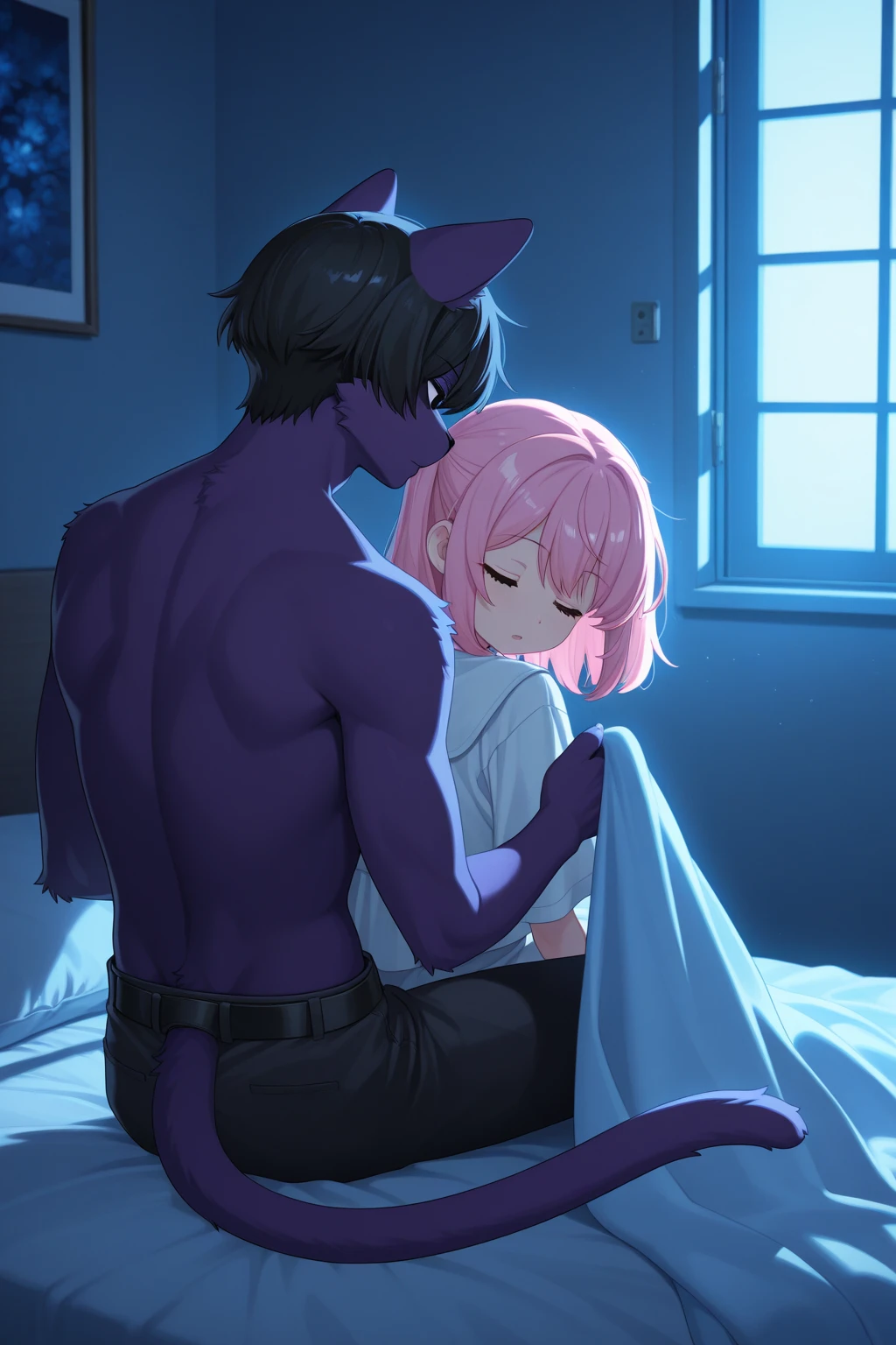 rating_explicit, woman, lilac hair, sidecut ponytail hair, red lipstick, ,long hair, naked, doggystyle sex, moaning, full body