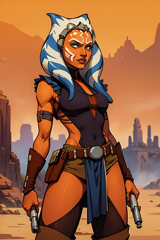 a naked female Ahsoka Tano from star Wars based on Emilia Clarke, highly detailed cinematic fantasy illustration, black outlining, full color illustration, in the style of BORIS VALLEJO & JULIE BELL, masterpiece, 8k, ultra-detailed, physically-based rendering, vivid colors, dramatic lighting, intricate background, photorealistic