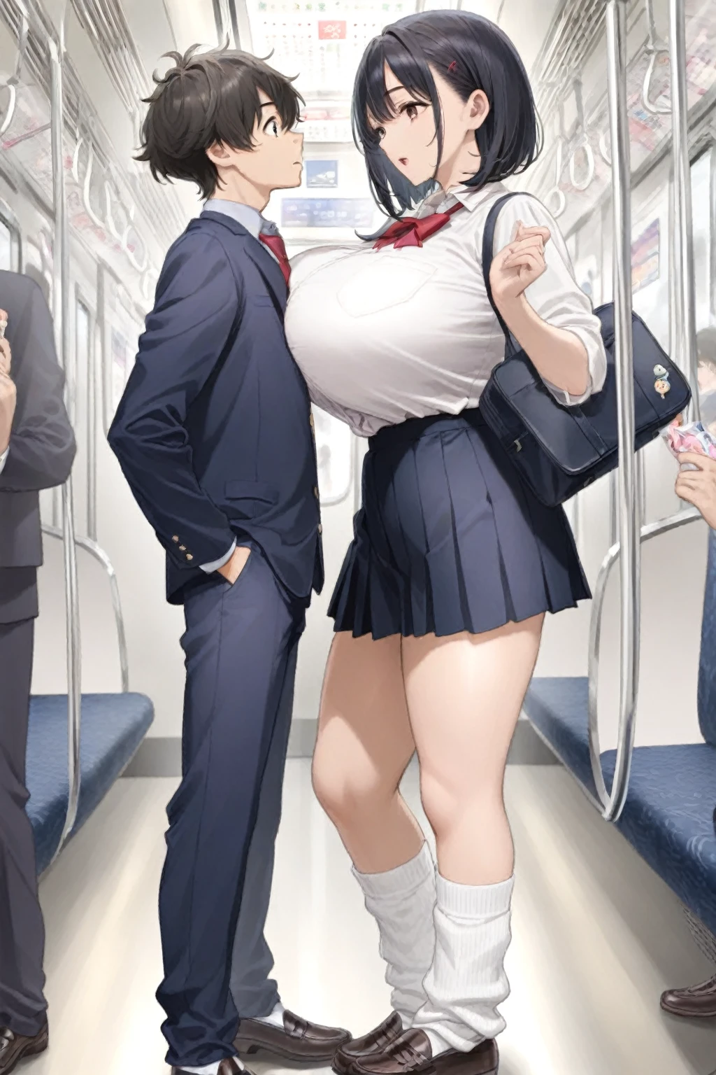 (nsfw),masterpiece,ultra detailed,sharp focus,4k digital art,high resolution,from behind,back shot,( blushed and aroused:1.3),(1man,1female,man grabbing female's buttocks:1.3),(school cardigan:1.3),dress shirt,black socks,(navy and pleated skirt),( black hair,medium straight hair),(sweaty:1.2),grinning,(trembling,flying heart-shapes),(standing in train:1.1),(sexy and laced red undies),loafers,female leaning on train door,,curvy ass,drooling,heart pupils,puffy nipples
