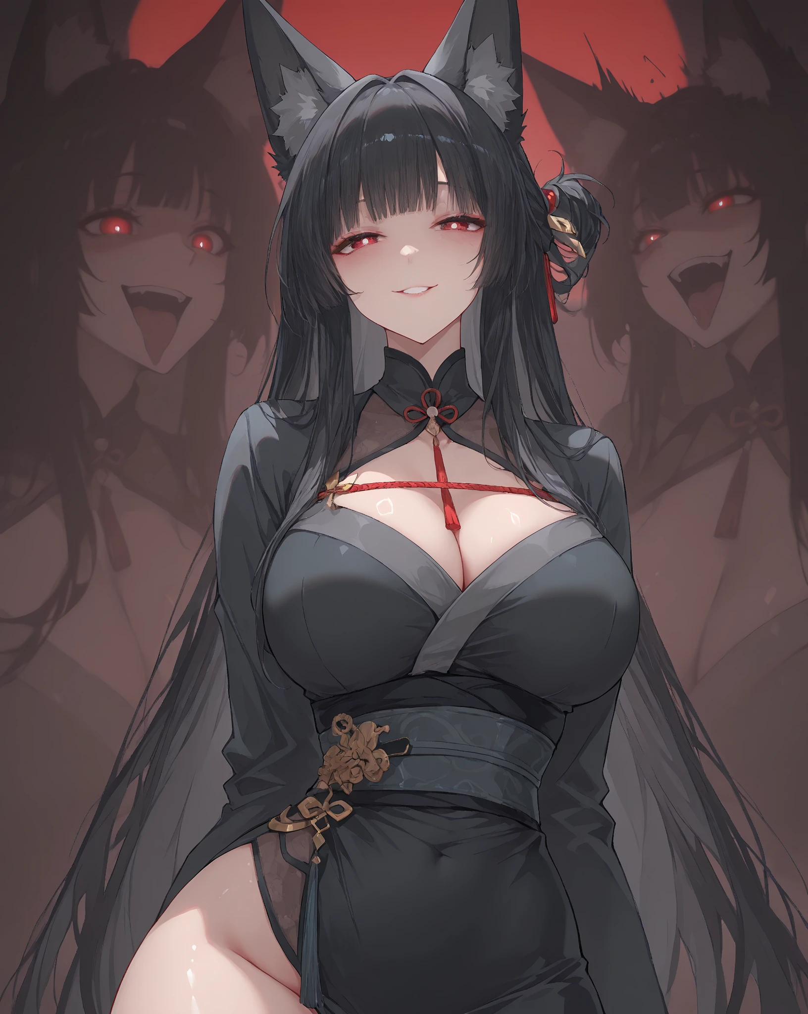 Beautiful black Kitsune, red eyes, highly detailed face, highly detailed eyes, big breasts, sexy figure, mature woman, several black kitsune tails, soft long Black Kitsune ears, You rule a lake, with a towel, a huge redblood moon in the sky reflecting in the water, The forest would be burning full of charred corpses,With a terrifying look smiling, the eyes would glow red, His body would be covered in a very sinister dark stain, llevaria una armadura negra con lineas rojas brillantes,