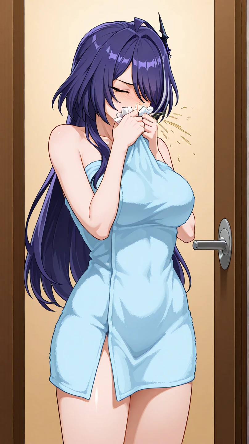 MC, ahoge, (long hari, purple hair:1.3), hair ornament, dark-blue eyes, anatomically correct, heavy breathing, mature female, anatomically correct, best quality, masterpiece, high quality, high details, highres, HD, 1girl, solo, breasts, looking at viewer, cleavage, bare shoulders, underwear, standing, collarbone, sweat, indoors, huge breasts, see-through, pubic hair, female pubic hair, alternate breast size, mature female, door, nightgown, gigantic breasts, picture frame, painting \(object\), doorway, (sweating:1.3), opening door, (bokeh:1.3), hollow eyes, bright pupils, dark-blue eyes, looking at viewer. glowing eyes heavy breathing, seductive smile, (steaming face:1.3), blush face, lips,