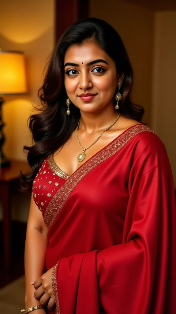 Wearing a sexy satin saree with strapless Bra, sexy Indian housewife, Looks like Indian Actress Nayanthara, actress Nayanthara, mallu, mallu aunty, desi aunty, full figured mature beauty, sweaty skin , shining skin, sweat, attractive figure, 48 years old, spicy hot, desi milf, desi aunty, a close up of a woman in a red dress in a bedroom, inspired by Avigdor Arikha, sleek!!!, indian super model, wavy hair combed to one side, actress, by Jitish Kallat, smoldering, intense smoldering, fashion, an angel, print ready, with a dramatic looking, inspired by Sudip Roy, seductive look, sexy Saree queen, sexy Saree fashion, seductive Saree, wear saree, sizzling hot Beauty, red juicy lips, sexy navel folds, fleshy body, curvy beauty, beautiful deep navel, detailed hairy armpits, showing her sensually appealing feminine curve
