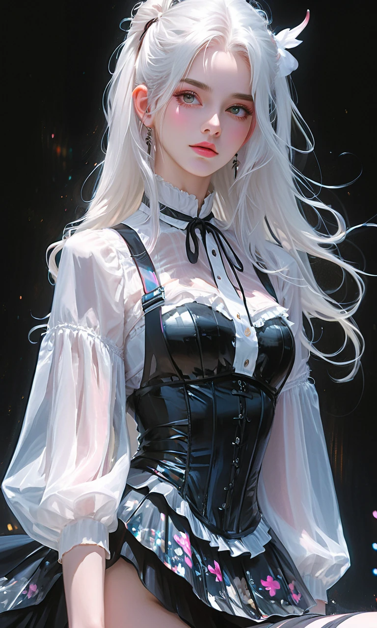 photorealistic, high resolution, 1women, solo, hips up, look at viewer, (detailed face), white hair, long hair, maid costume