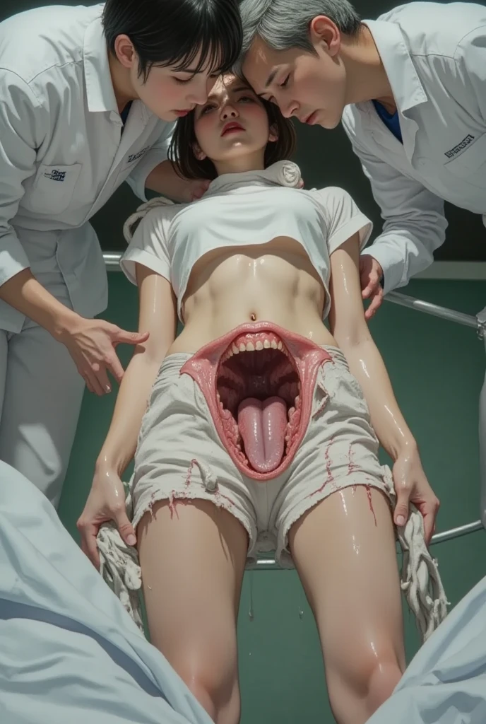 (((Erotic and grotesque:1.5))), Black Hair Girl, Melted clothes, (In the stomach of a living thing), Being swallowed, Mucous membrane attached to the body, Mucous membranes penetrating the genital area, Pierce the stomach to expose the innards, Red background, Complex shapes, Slime \(substance\), masterpiece, (Highest quality, Very detailed), Melting Body,anatomy,(Browsing Caution),Vomiting bodily fluids,Prying open the genitals and penetrating the mucous membrane,grotesque, Slimy texture,(My body started to melt too...),bleeding from the genital area,,,Mucous membrane entering the mouth