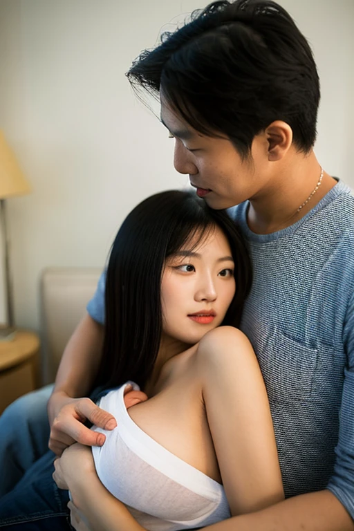 masterpiece,highest quality,Advanced Details,1 male,1 female,((Hotel Bedroom:1.4))、((Japanese woman with short hair:1.4)),18-year-old female:1.7、((A woman wearing a white short-sleeved off-the-shoulder shirt and a denim miniskirt:1.4)),1 Japanese middle-aged male,Black Haired Man,That man is very handsome,((A man hugs a woman and touches her breasts:1.4)),The woman is short,The man is tall,Reflects the height difference between men and women,The woman's height is 160cm.,The man's height is 175cm,((They're both standing next to the bed.:1.5))、Women are the protagonists、Women are skinny,Small breasted women、
