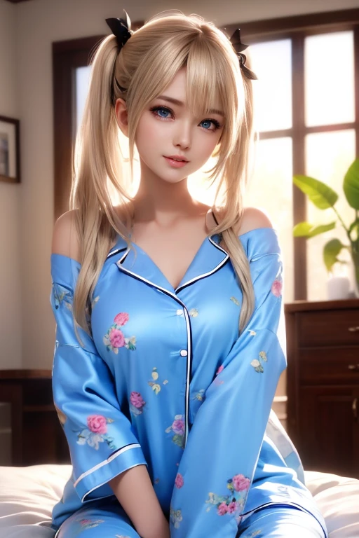 (masterpiece:1.3),(8k,Photorealistic、Raw photo、Best image quality:1.4),(Random Hairstyles:1.2)、Super detailed face、Attention to detail、double eyelid、Put your chest together、Beautiful woman:1.4、Blonde、Blue Eyes、highest quality)、(Pajamas) 、(looking at the camera、So that the background looks better、、(Blonde、Twin tails)、(Lying on your back on the bed、Full body、Head to Toe)
