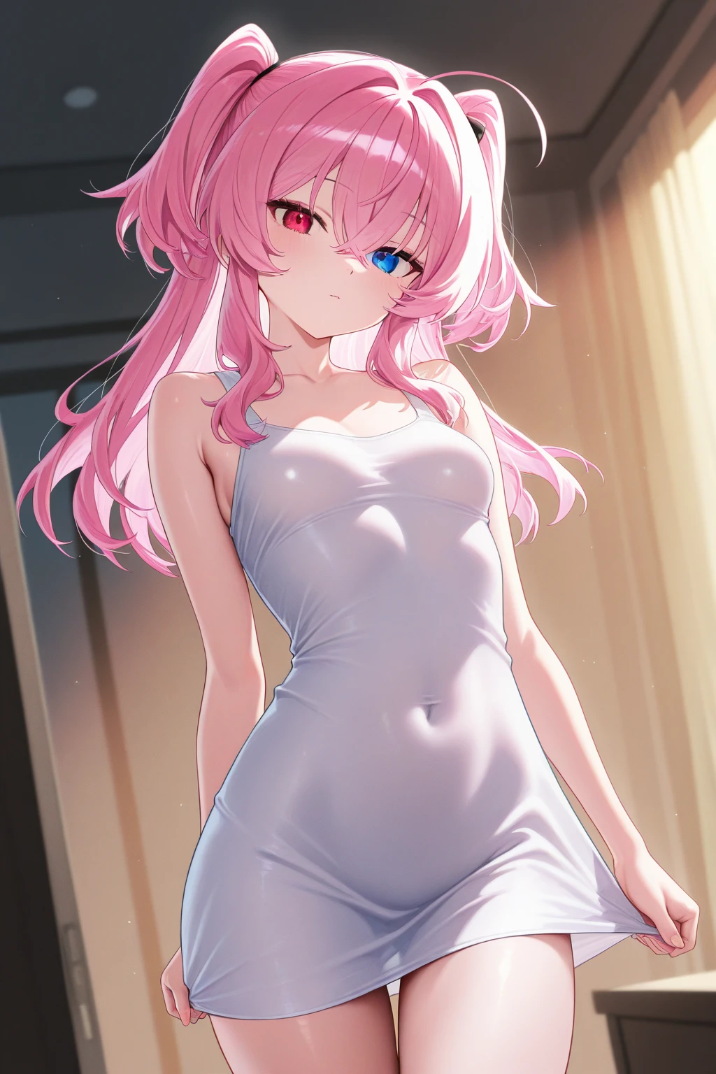 masterpiece:1.2,Best quality,Very detailed, Pink long hair,Green eyes,A standing anime girl,Sweating all over