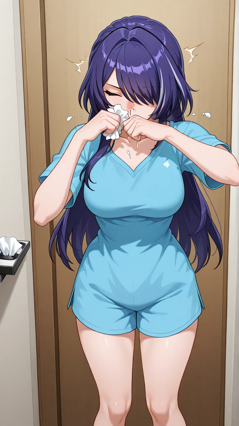 1girl, nsfw, furuderika, long hair, purple eyes, blue hair, blunt bangs,  empty eyes, large breasts, nipple, Walking, Hospital, frozen, wet, crying, Naked, (1girl) , solo, Blank look, Peeing, lactation, projectile lactation