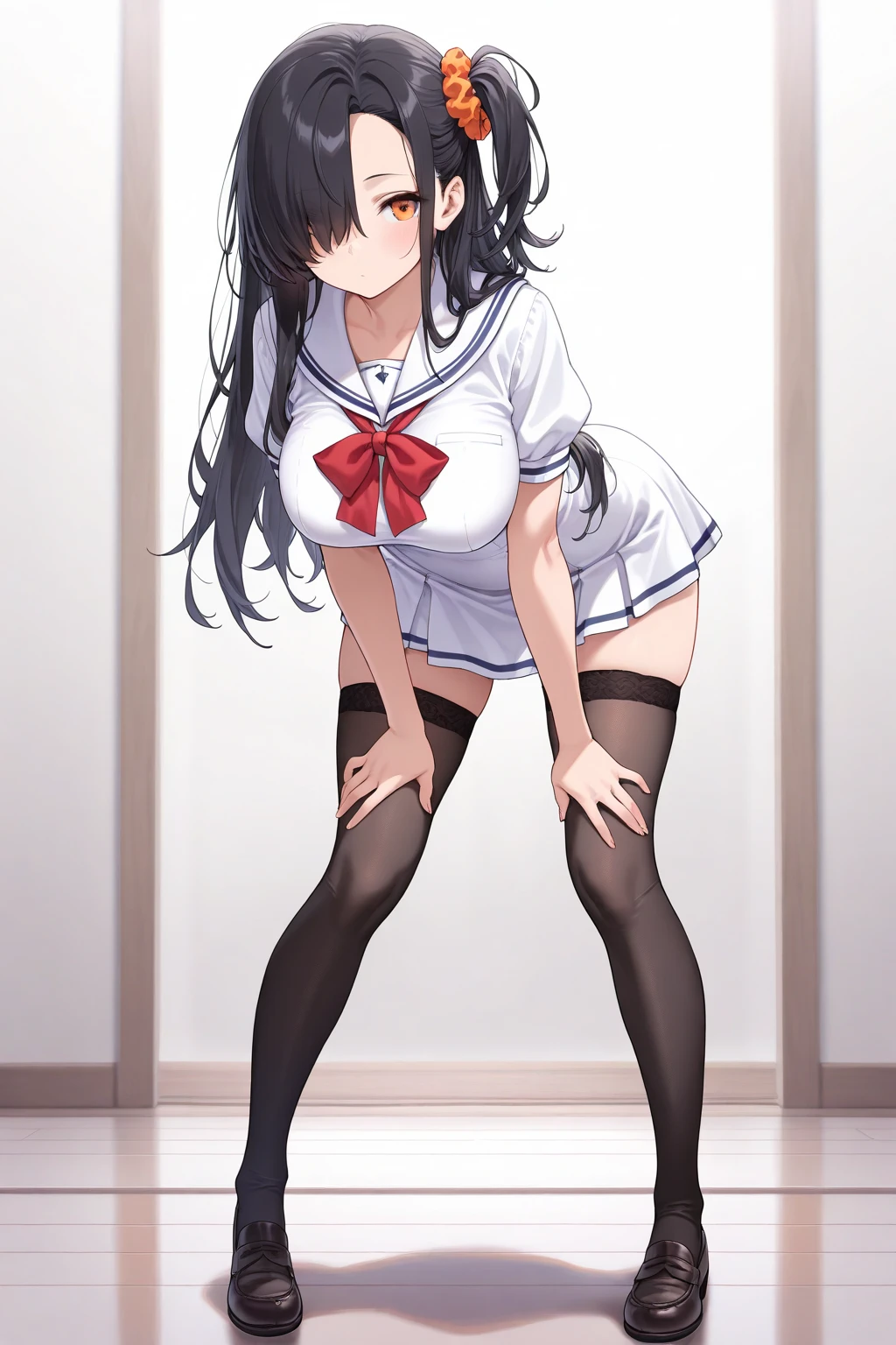 One Girl, Are standing_Split, Yuki Mikan, Long black hair,black sleeveless, Short Vest,Pink Skirt,Blue underwear