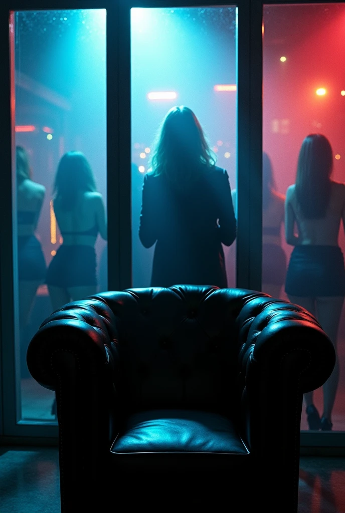 A young girl, wears no clothes, blonde hair, sitting at a bar, In the background you can see some men looking at her