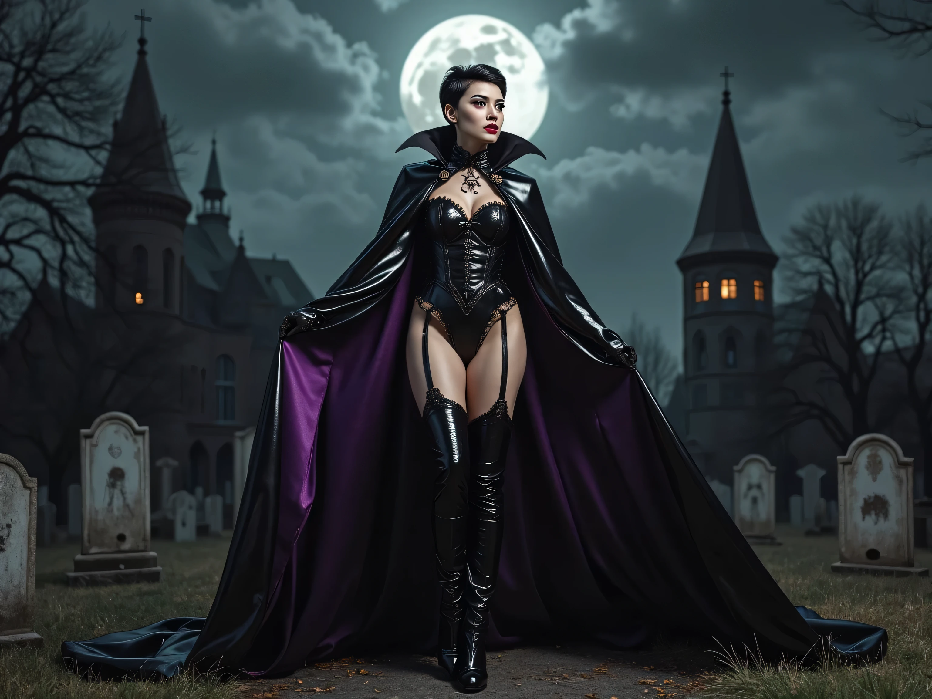 (shoulder length straight short black hair:0.9), （Extremely meticulous CG 8k wallpaper），（Extremely refined and beautiful），（Masterpiece），（best qualtiy：1.0），（Ultra High Resolution：1.0），beautiful light up，Perfect lightning，realistic shaded，[A high resolution]，Smooth and flawless fair skin，Extremely exquisite facial details,(perfect body:1.1），ultra - detailed,A beautiful girl,small head,(Small breasts:1.1),Flat chests,slim,thin,Smile,cheerfulness,(Gorgeous black hooded cloak:1.5),(Gorgeous black lace dress:1.3),(stockings:1.4),(high heels:1.3),(on castle tower:1.5),halloween night,night scene,(pumpkin:1.3),(many bats flying in air:1.2),Portrait photo,from front,cowboy shot,close shot,upper body,standing